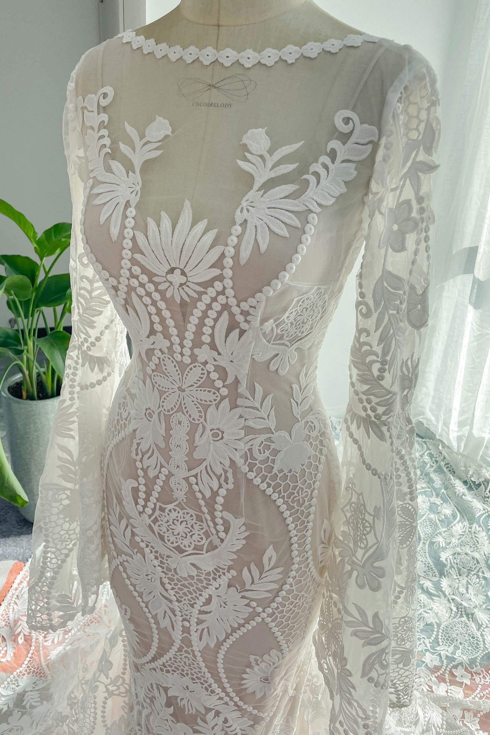Trumpet-Mermaid Chapel Train Lace Tulle Wedding Dress CW3146 - COCOMELODY