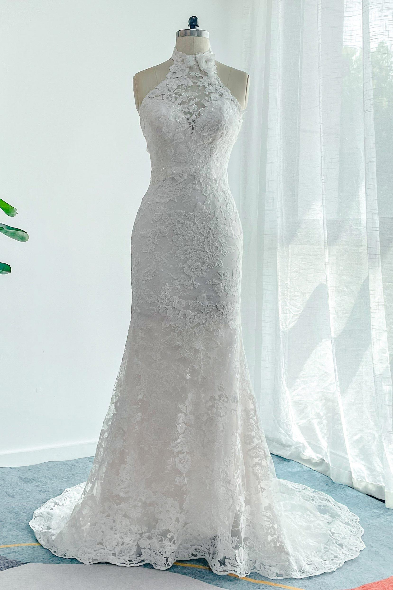 Trumpet-Mermaid Sweep-Brush Train Lace Tulle Wedding Dress CW3147 - COCOMELODY