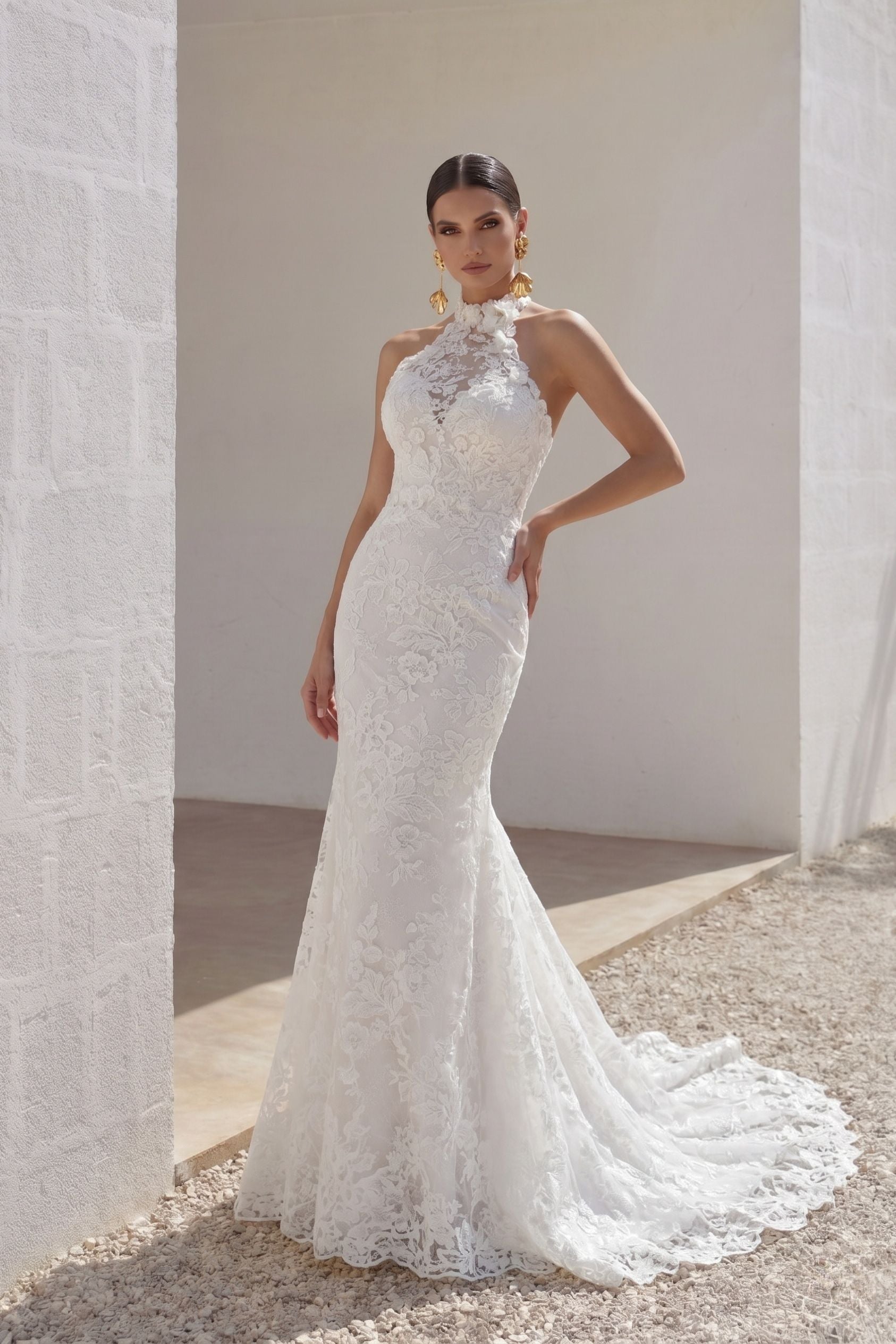 trumpet/mermaid sleeveless off-the-shoulder sweep/brush train lace tulle dresses Mermaid Halter Sweep-Brush Train Lace Tulle Wedding Dress COCOMELODY CW3147, 45 Days / As Picture:Ivory/Sand / US22-UK24-EUR52