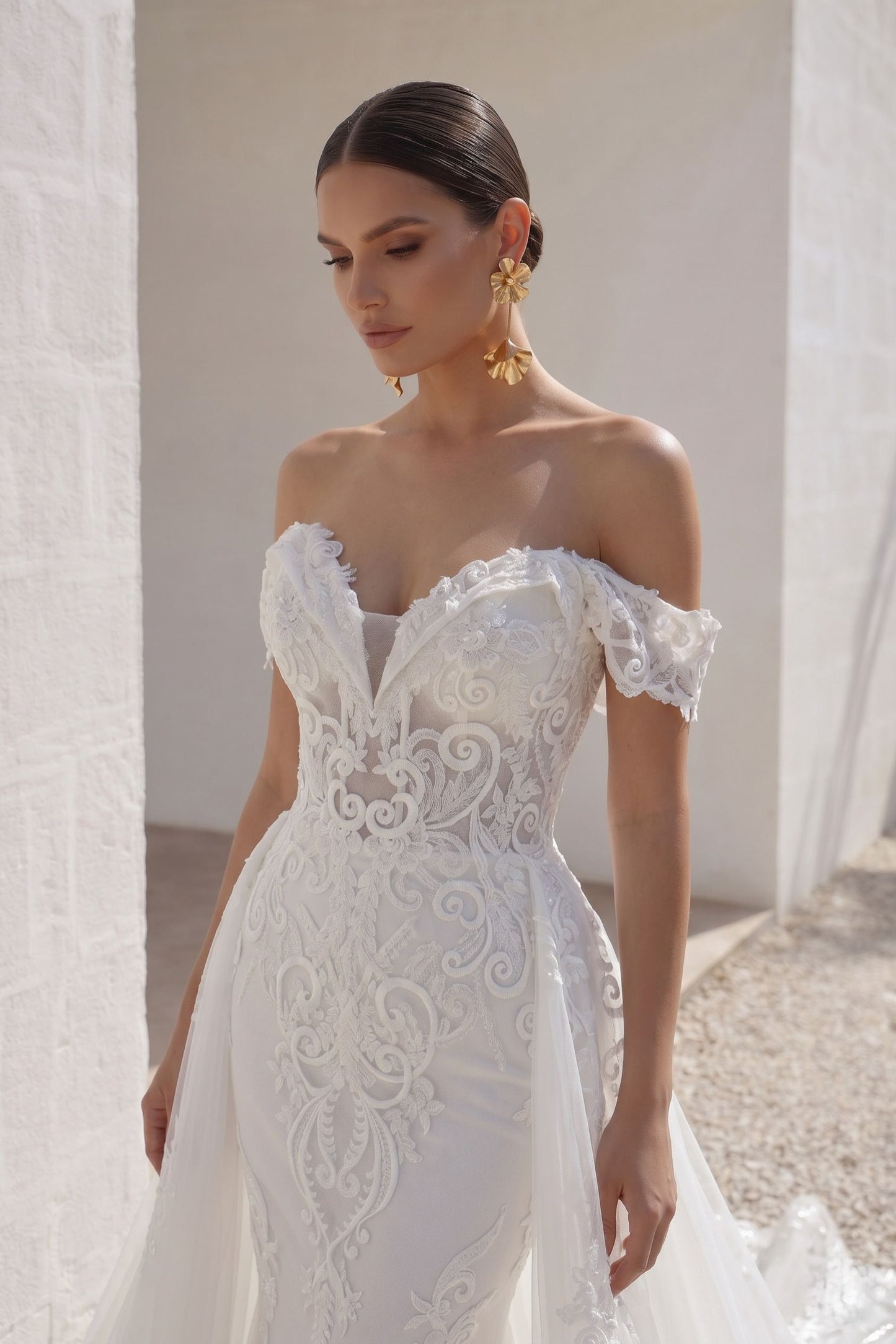 Trumpet-Mermaid Chapel Train Lace Tulle Wedding Dress CW3149
