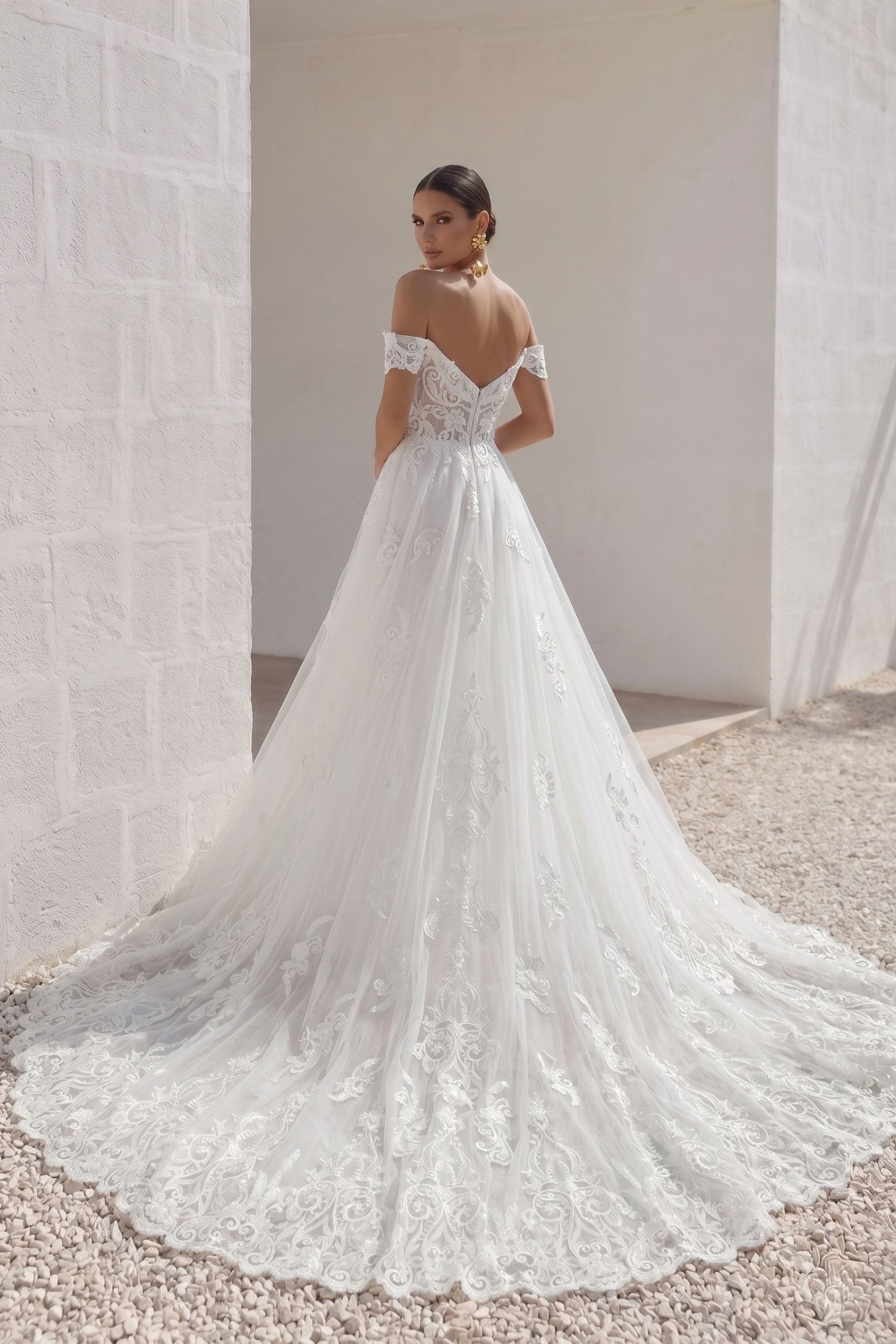 Off Shoulder Trumpet Mermaid Wedding Dress Lace Appliques Bridal Gown Chapel Train COCOMELODY CW3149, 45 Days / Ivory / US4-UK6-EUR34