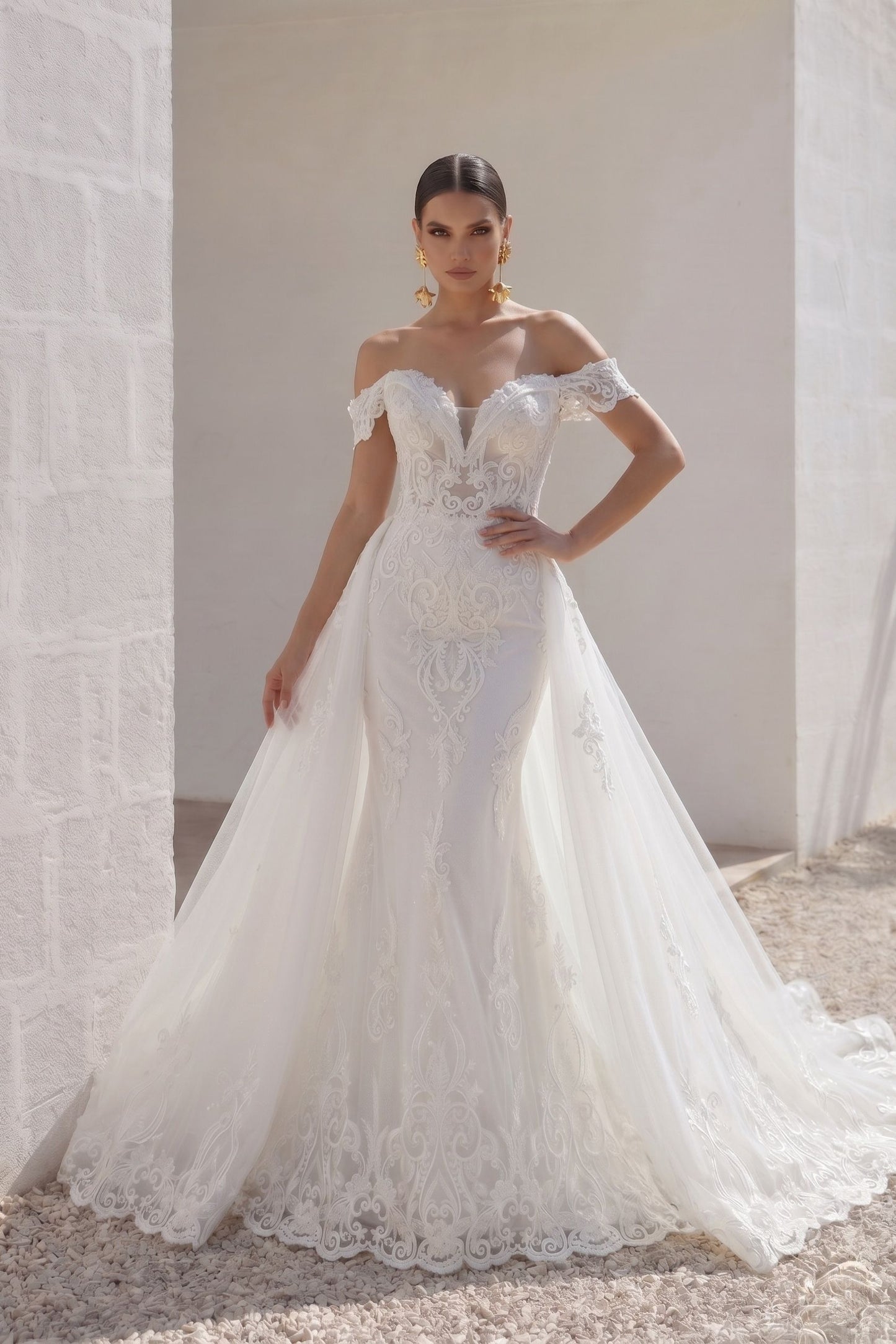 Trumpet-Mermaid Chapel Train Lace Tulle Wedding Dress CW3149