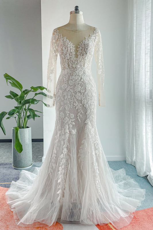 Trumpet-Mermaid Chapel Train Lace Tulle Wedding Dress CW3152