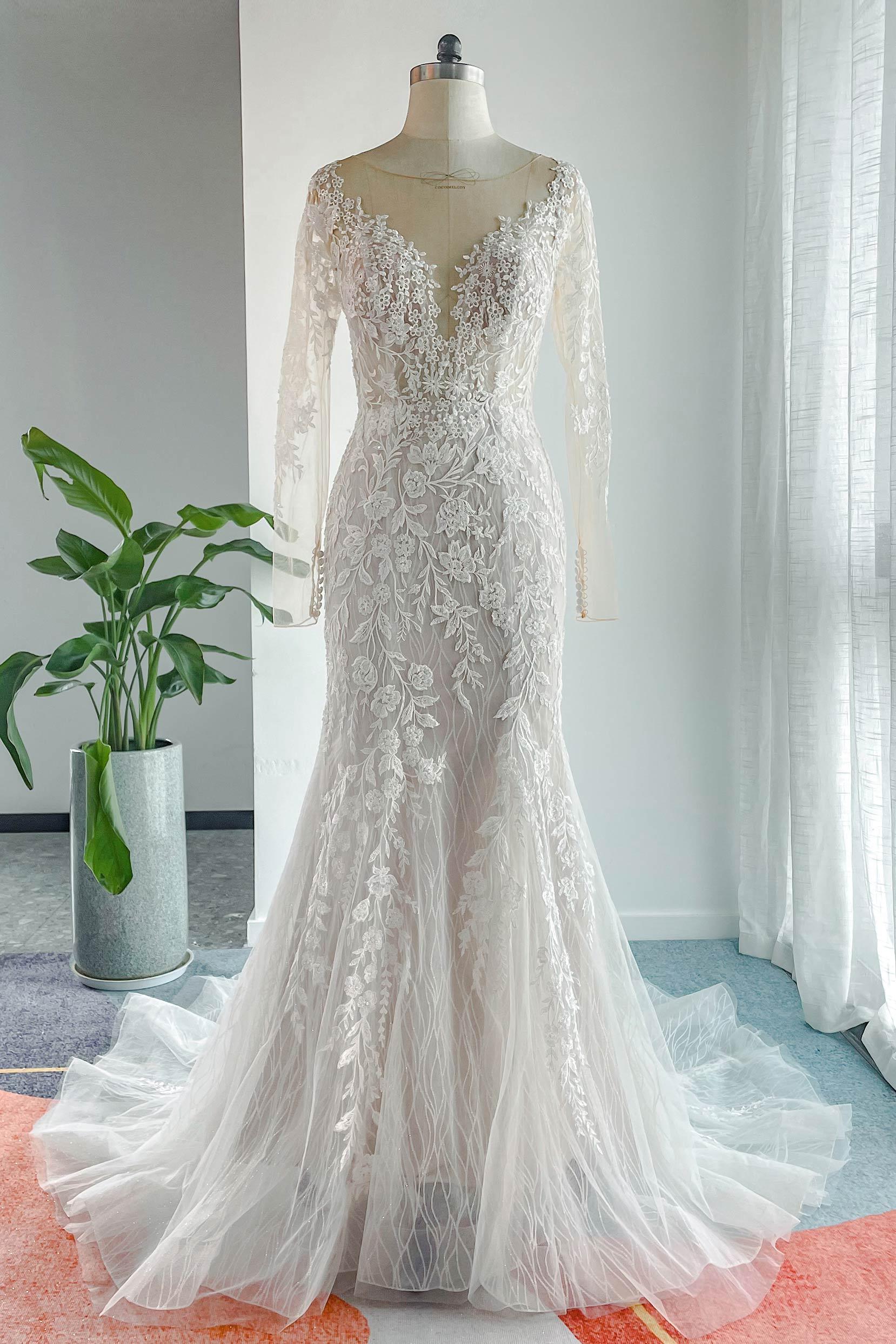 Trumpet-Mermaid Chapel Train Lace Tulle Wedding Dress CW3152 - COCOMELODY