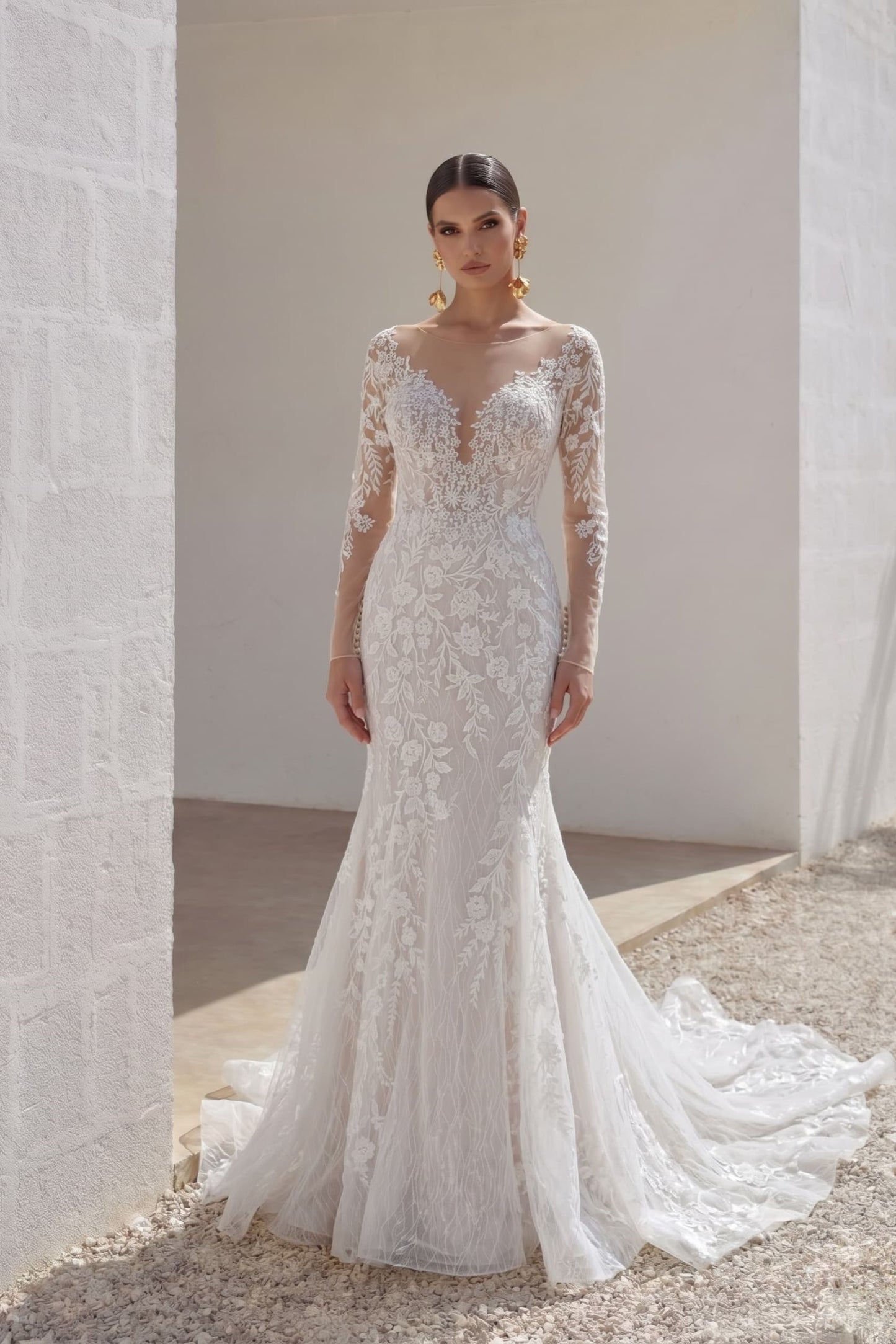 Trumpet-Mermaid Chapel Train Lace Tulle Wedding Dress CW3152