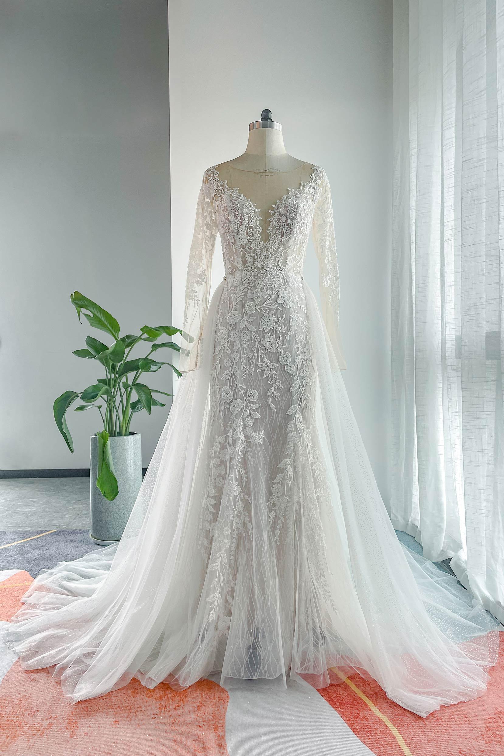 Trumpet-Mermaid Chapel Train Lace Tulle Wedding Dress CW3152 - COCOMELODY