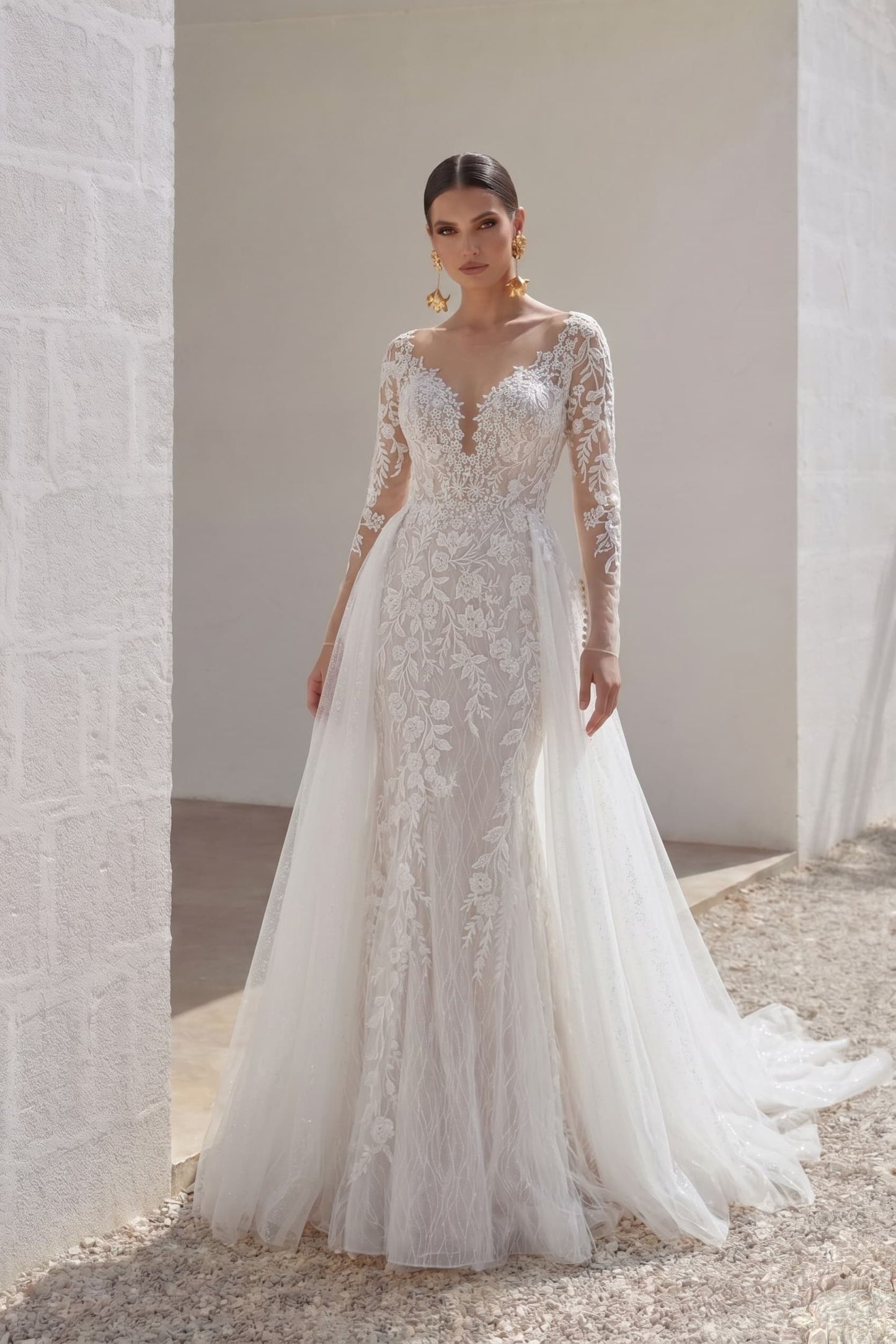 Trumpet-Mermaid Chapel Train Lace Tulle Wedding Dress CW3152