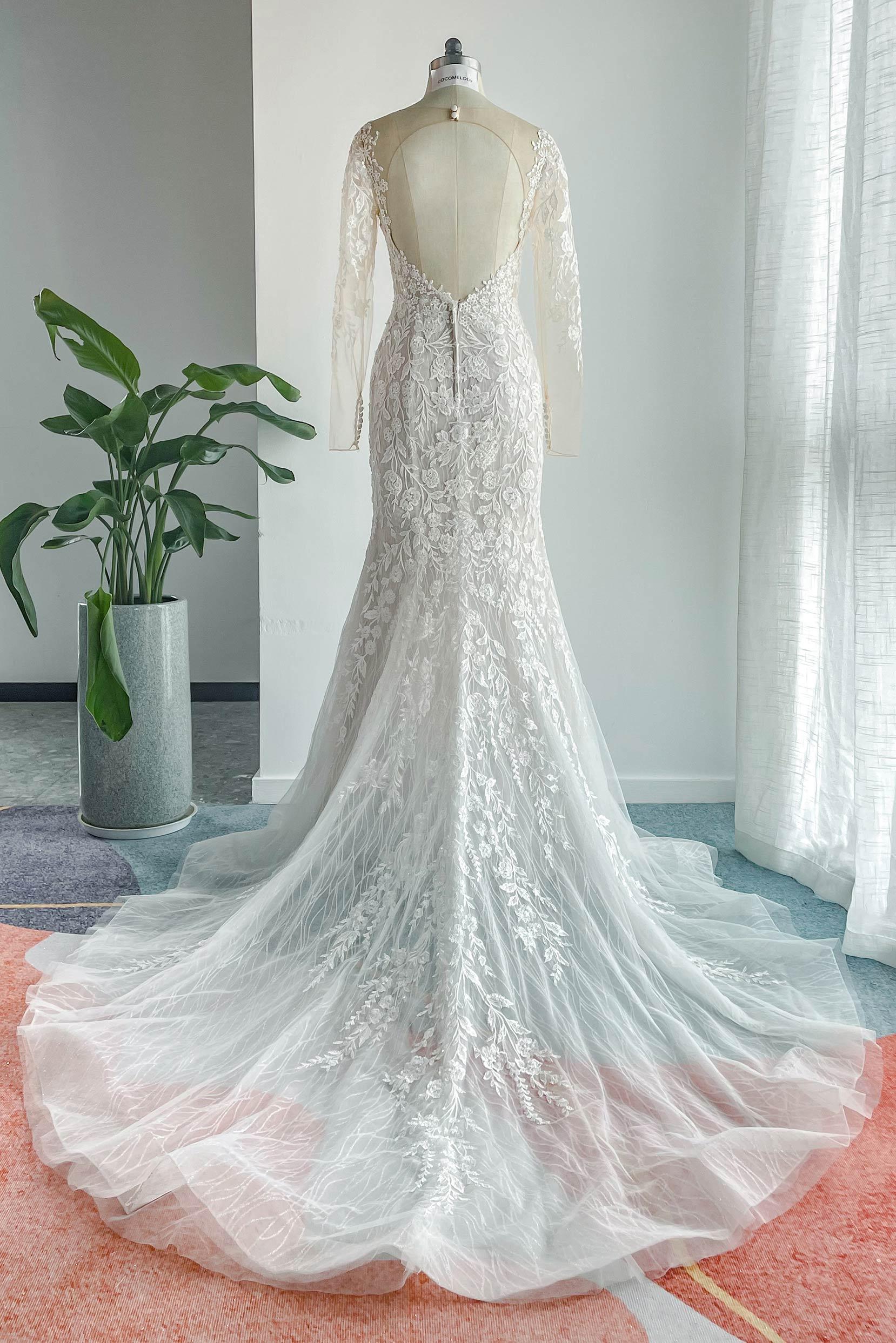 Trumpet-Mermaid Chapel Train Lace Tulle Wedding Dress CW3152 - COCOMELODY