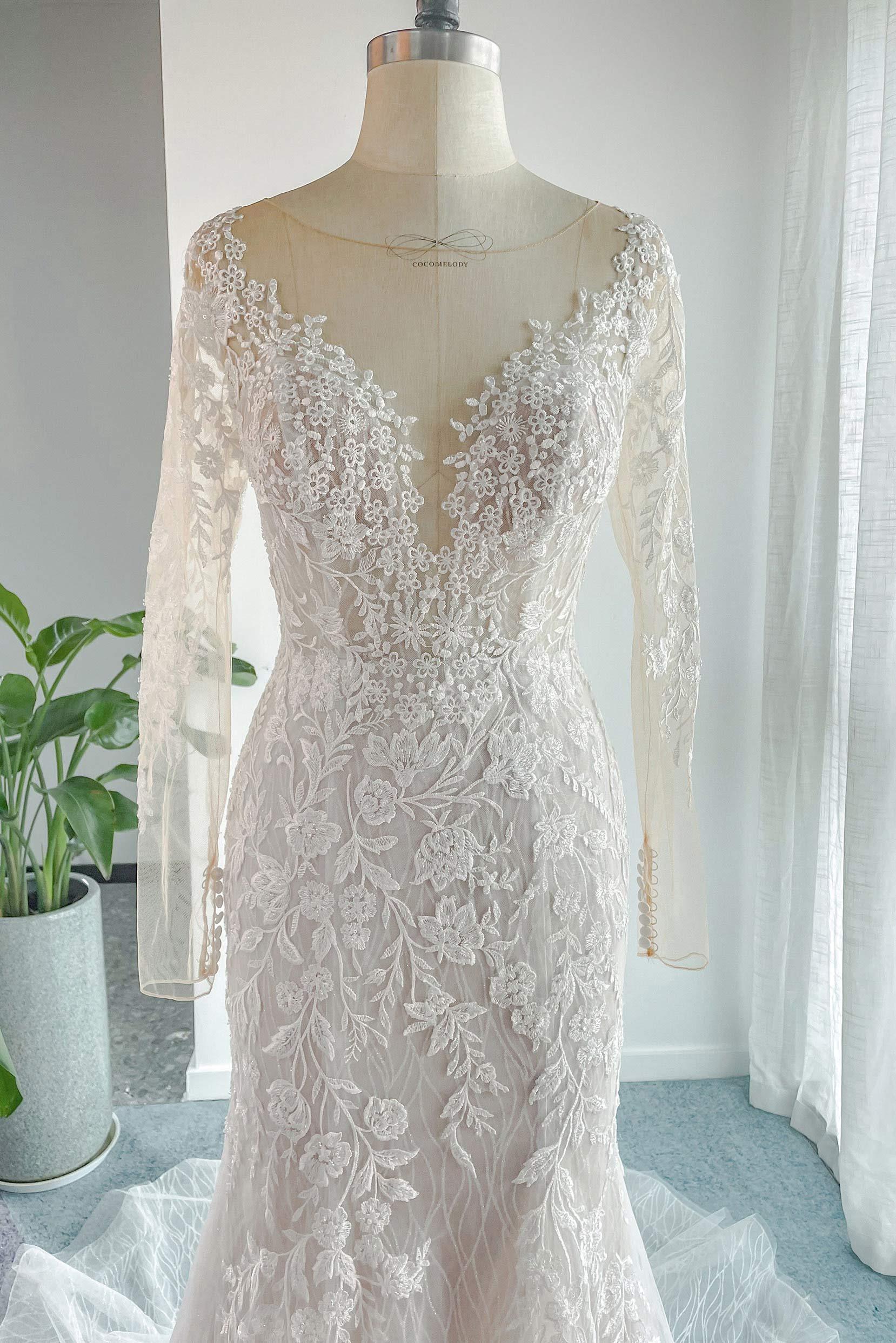 Trumpet-Mermaid Chapel Train Lace Tulle Wedding Dress CW3152 - COCOMELODY