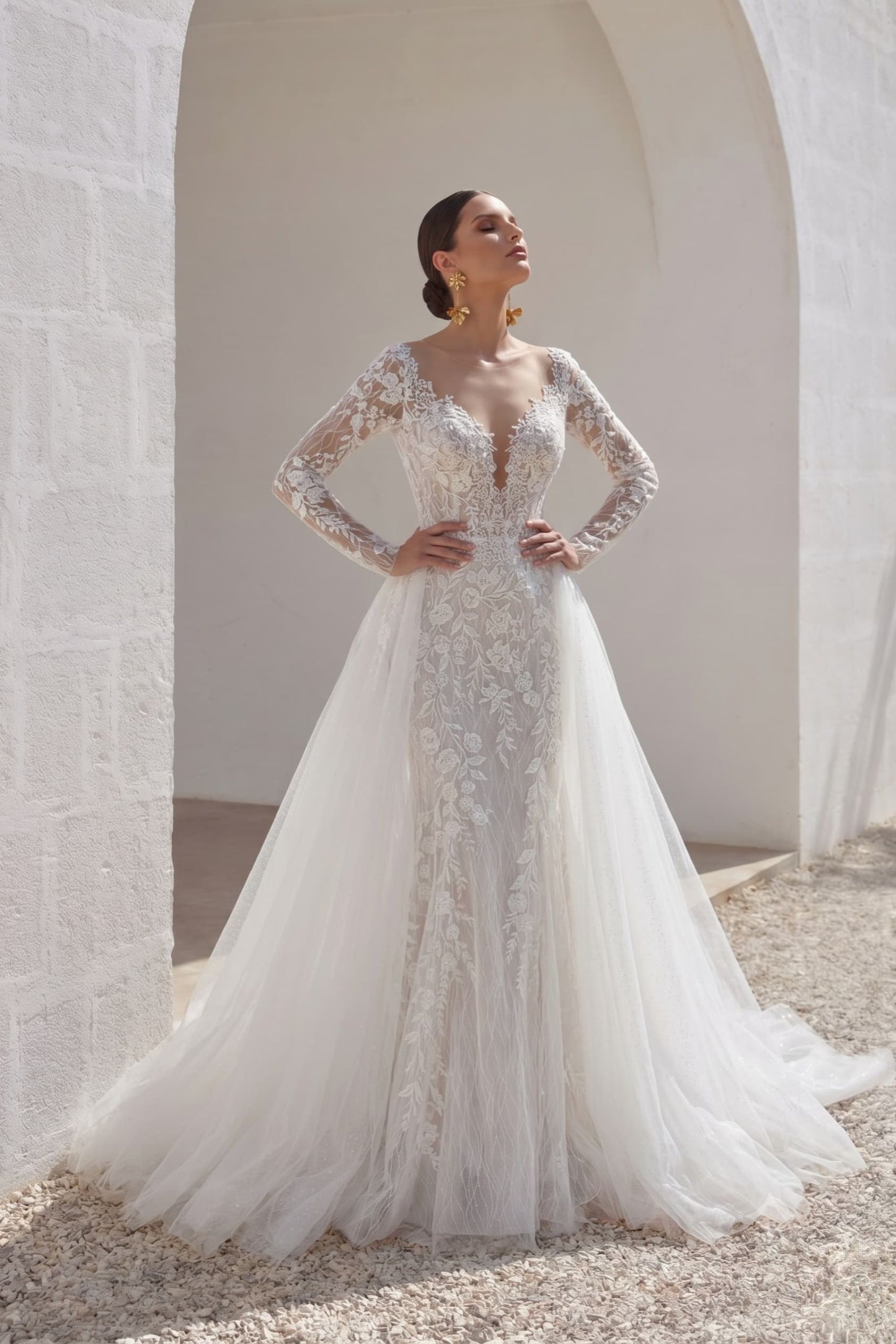Trumpet-Mermaid Chapel Train Lace Tulle Wedding Dress CW3152