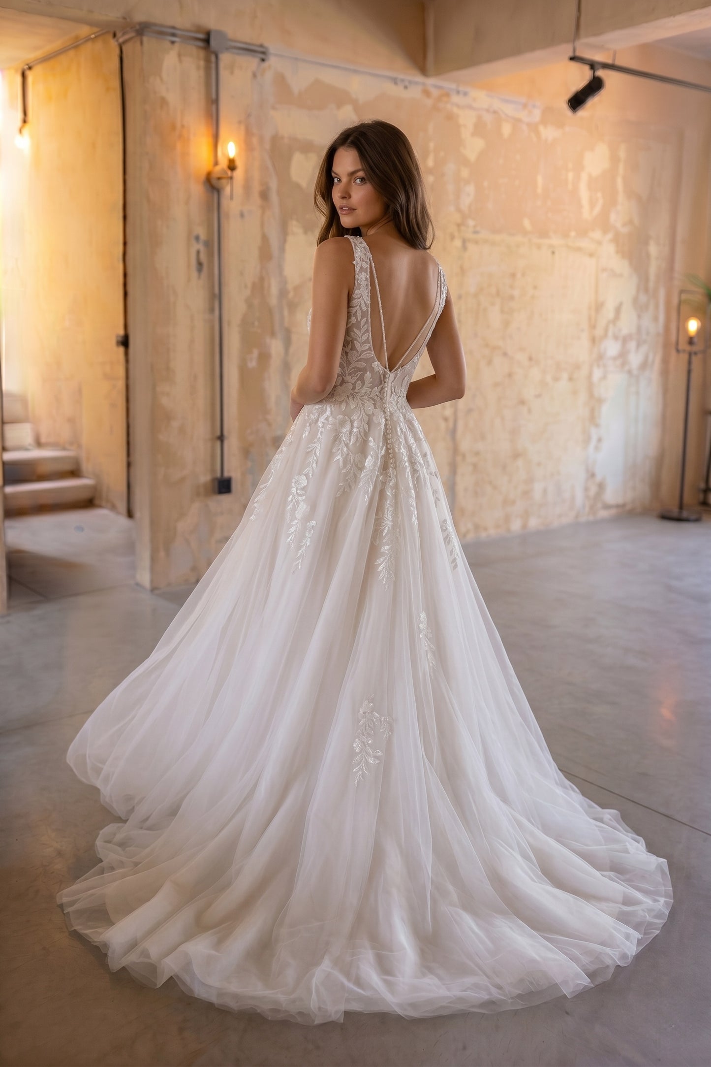 A-Line Court Train Lace Tulle Wedding Dress CW3153