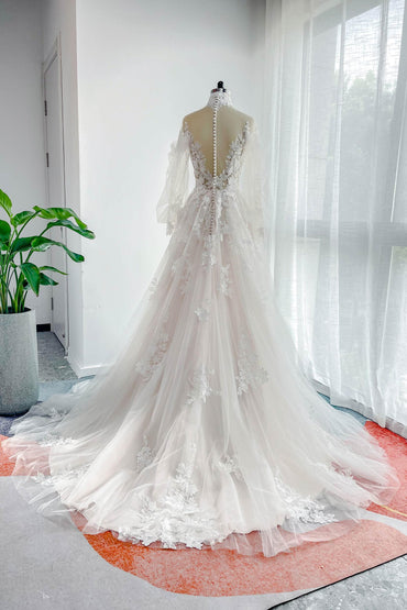 A-Line Court Train Lace Tulle Wedding Dress CW3156