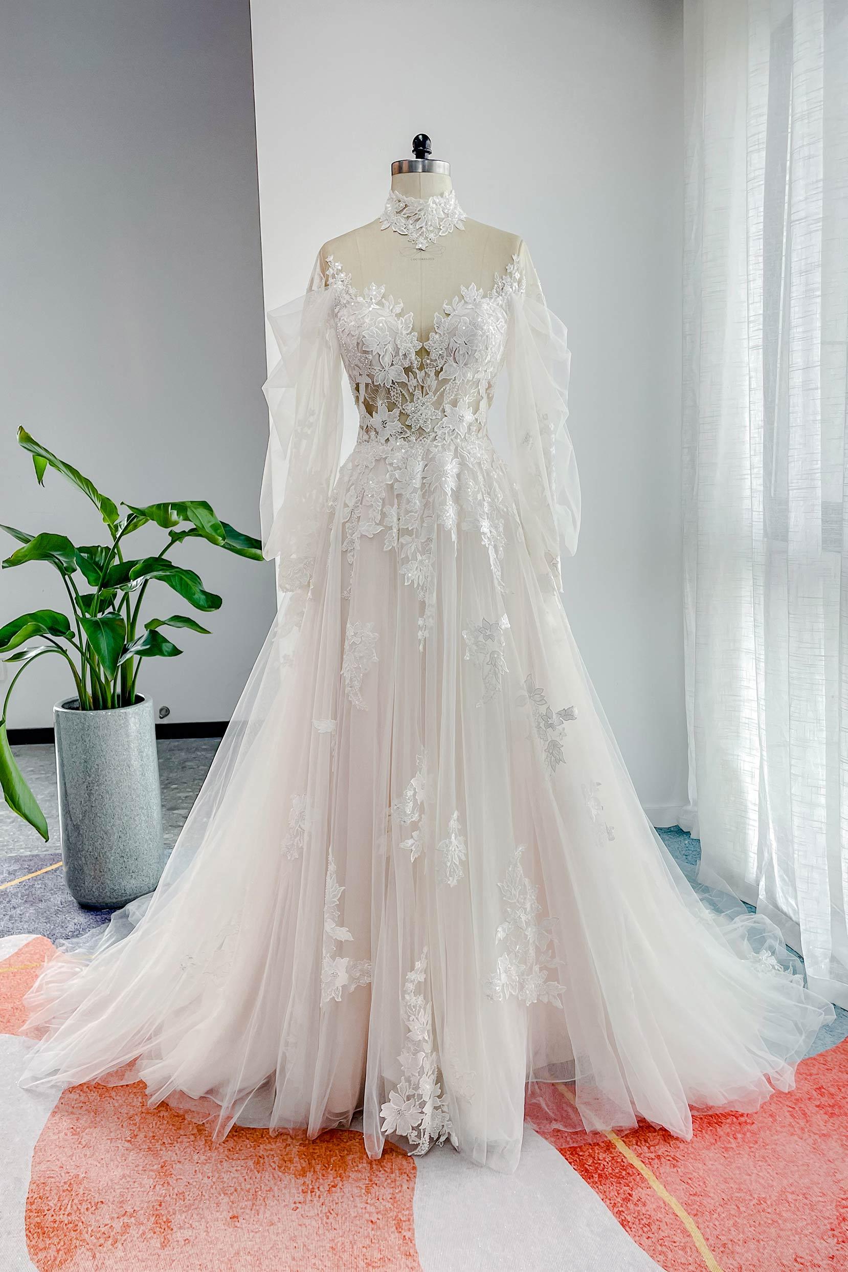 A-Line Court Train Lace Tulle Wedding Dress CW3156 - COCOMELODY