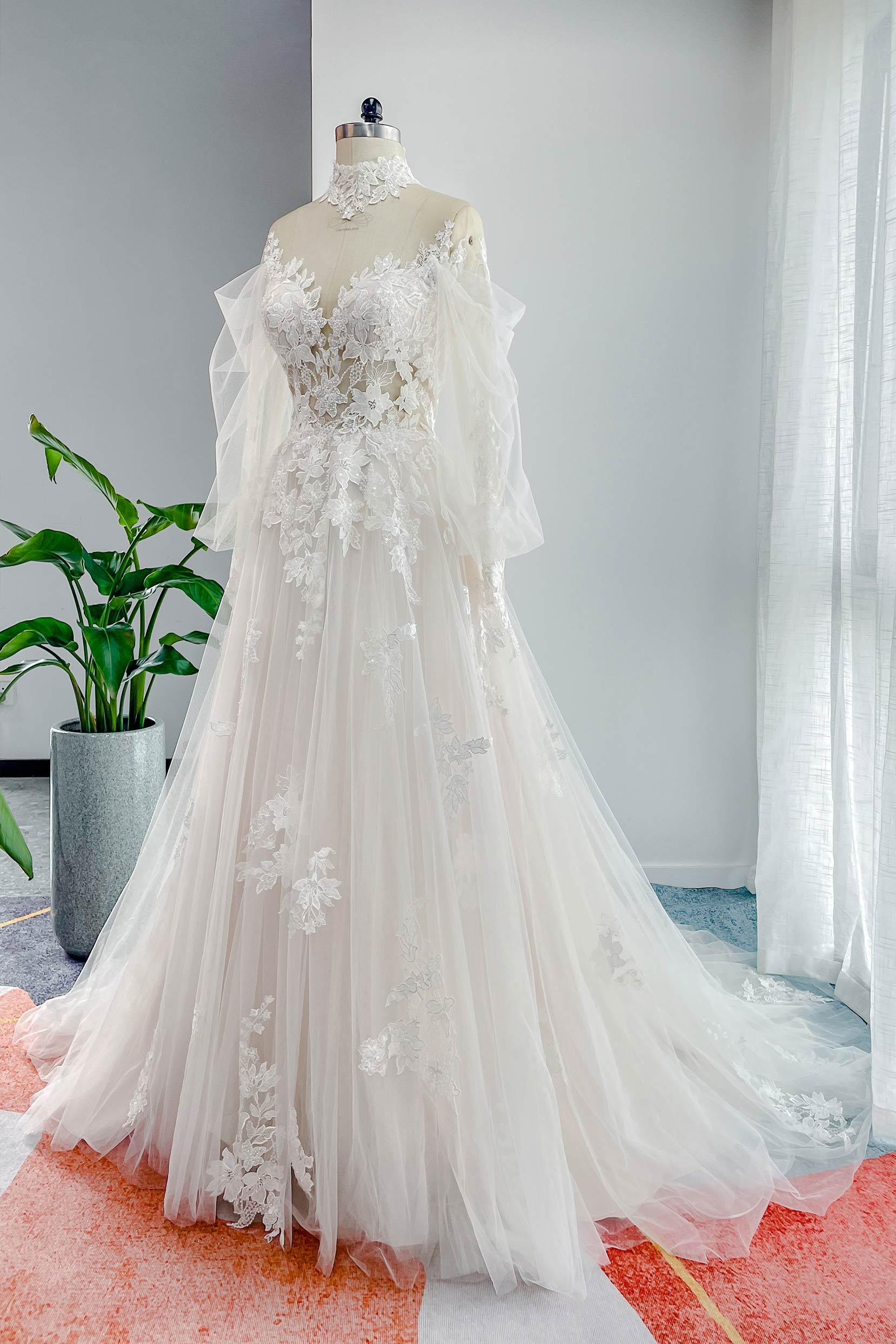 A-Line Court Train Lace Tulle Wedding Dress CW3156 - COCOMELODY