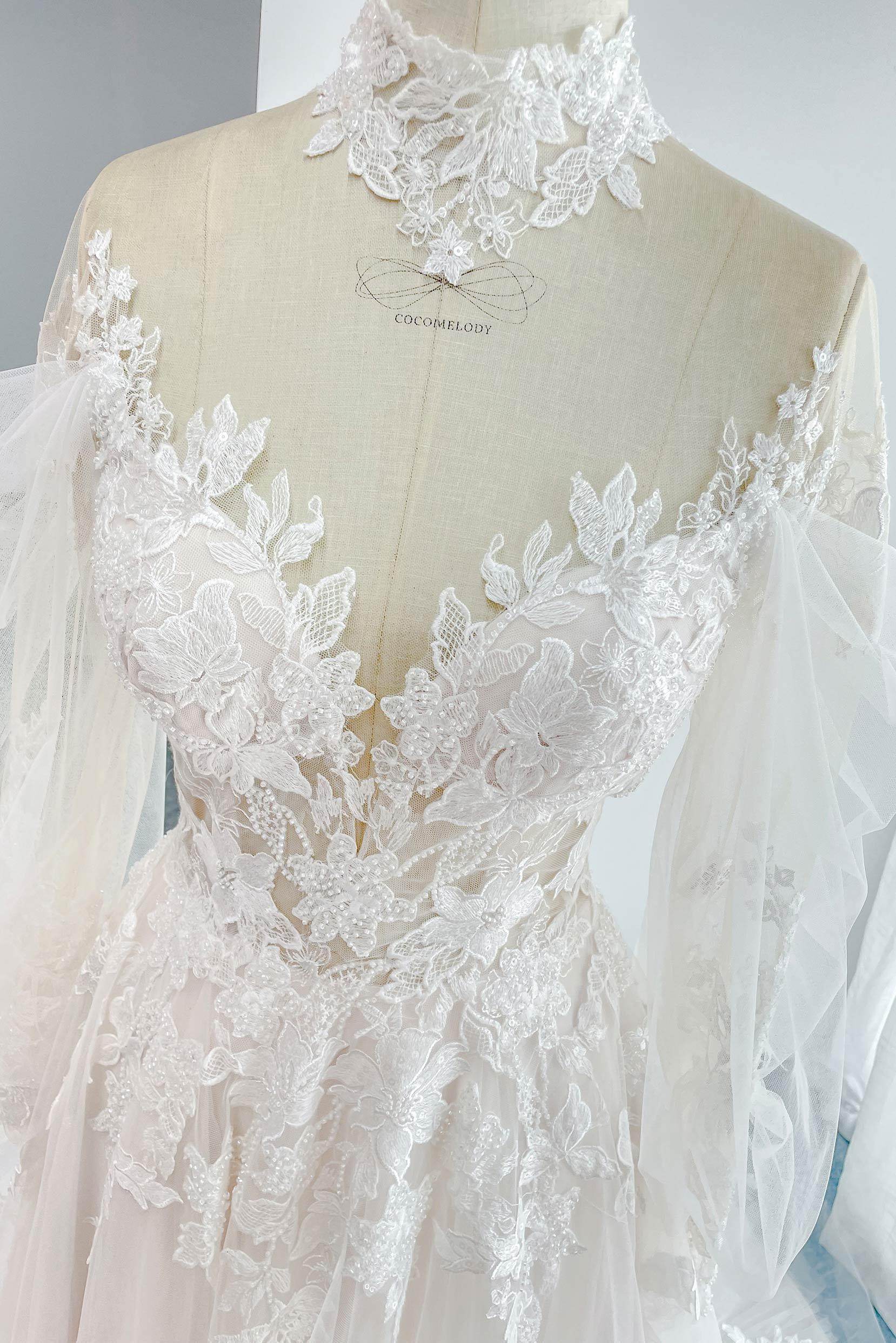 A-Line Court Train Lace Tulle Wedding Dress CW3156 - COCOMELODY