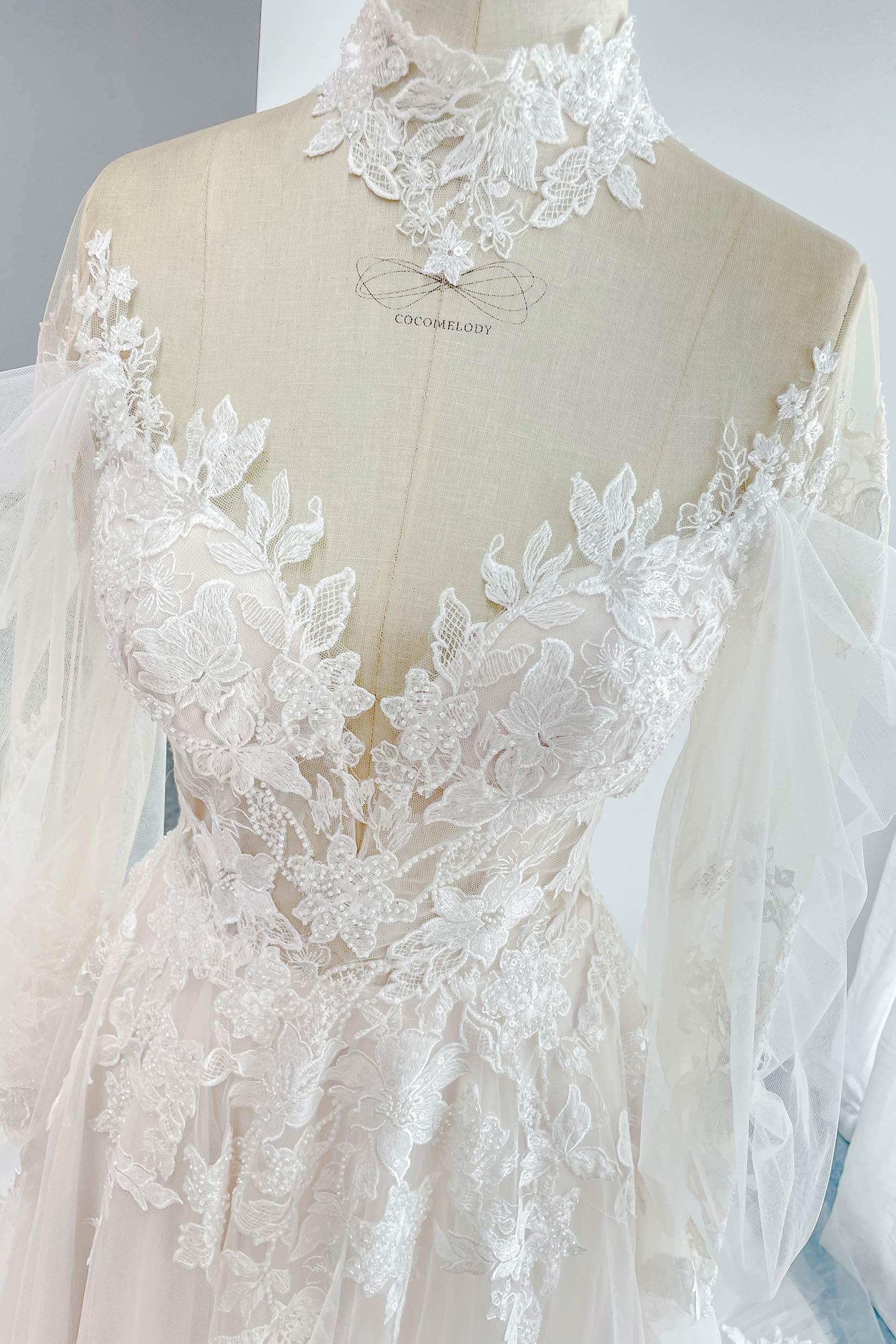 A-Line Court Train Lace Tulle Wedding Dress CW3156 - COCOMELODY