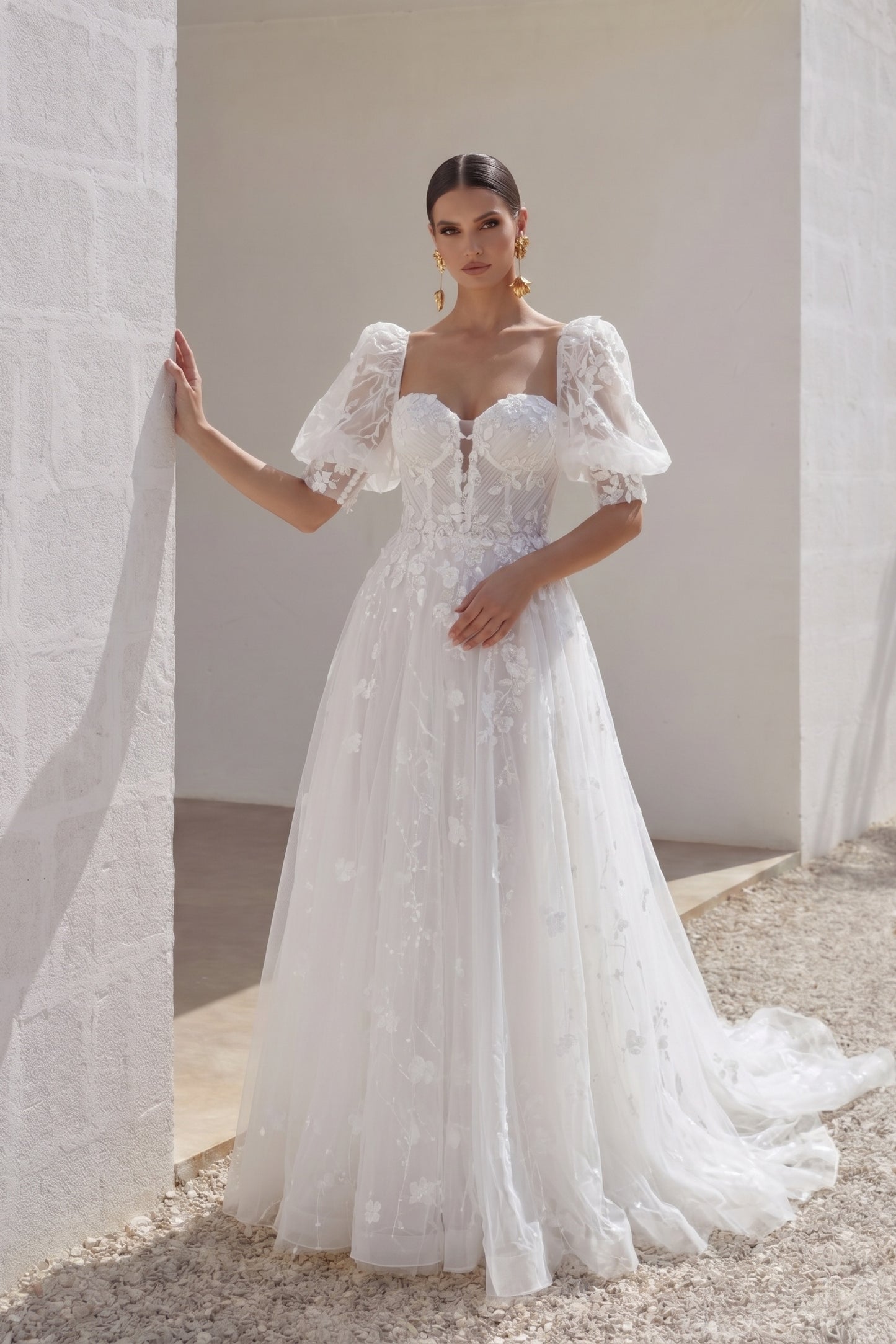 A-Line Court Train Lace Tulle Wedding Dress CW3161