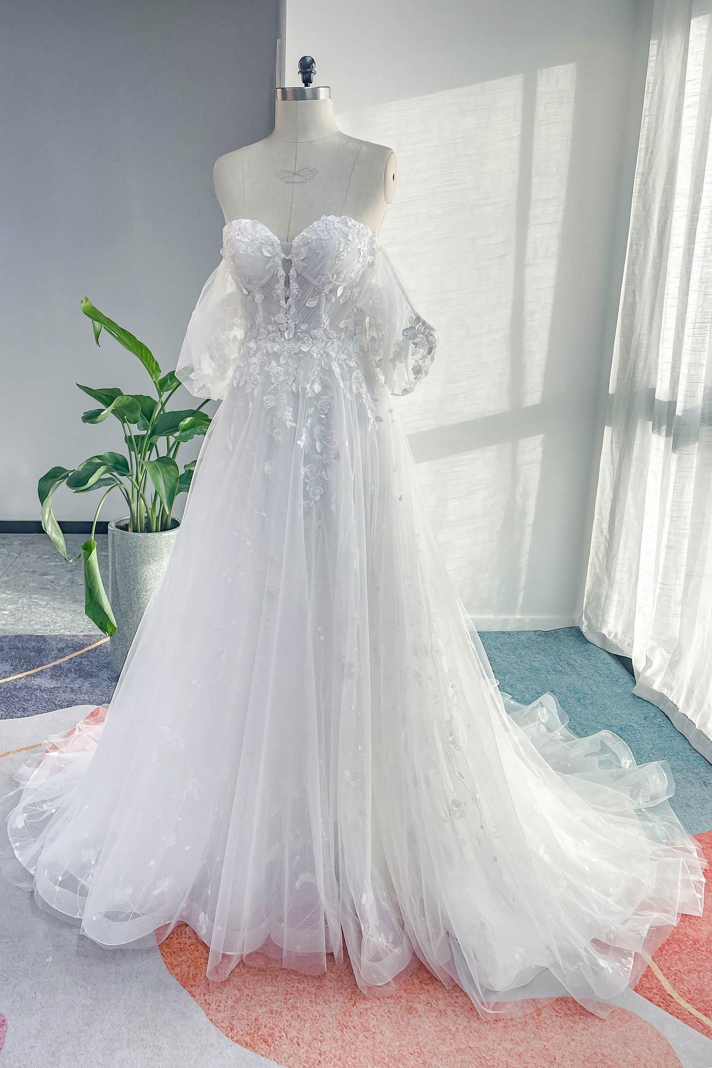 A-Line Court Train Lace Tulle Wedding Dress CW3161