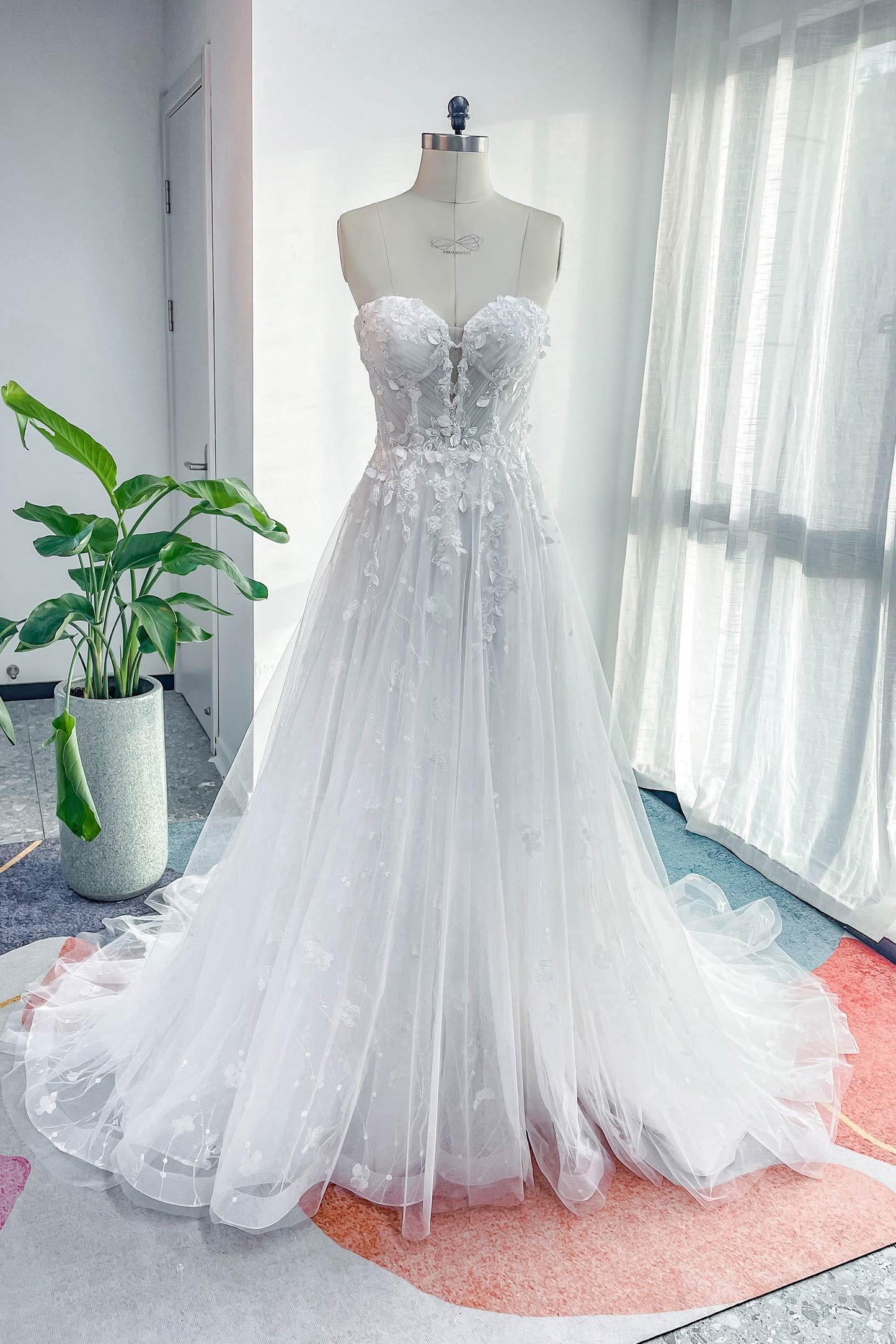 A-Line Court Train Lace Tulle Wedding Dress CW3161