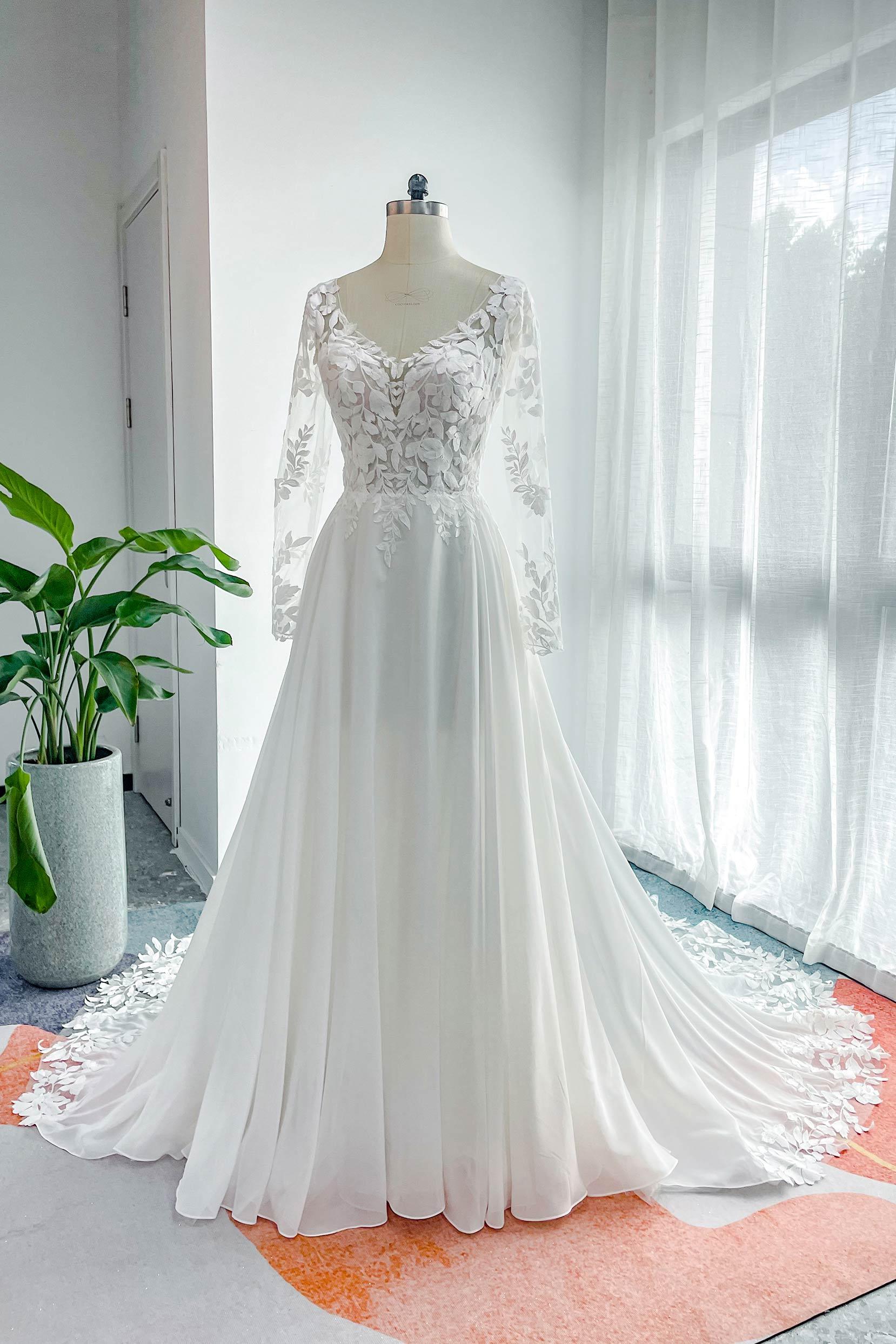 A-Line Court Train Lace Chiffon Wedding Dress CW3163 - COCOMELODY