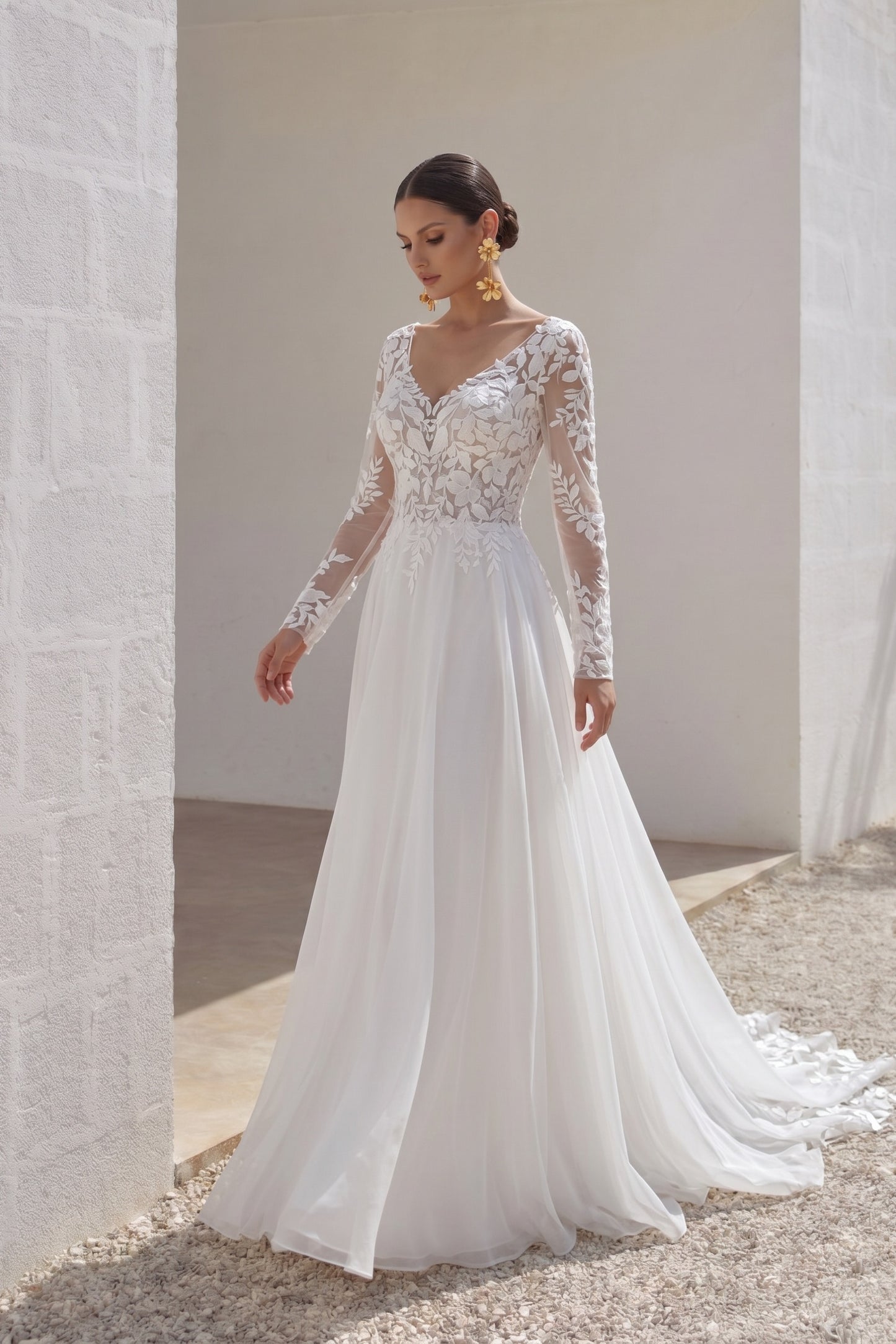 A-Line Court Train Lace Chiffon Wedding Dress CW3163CR