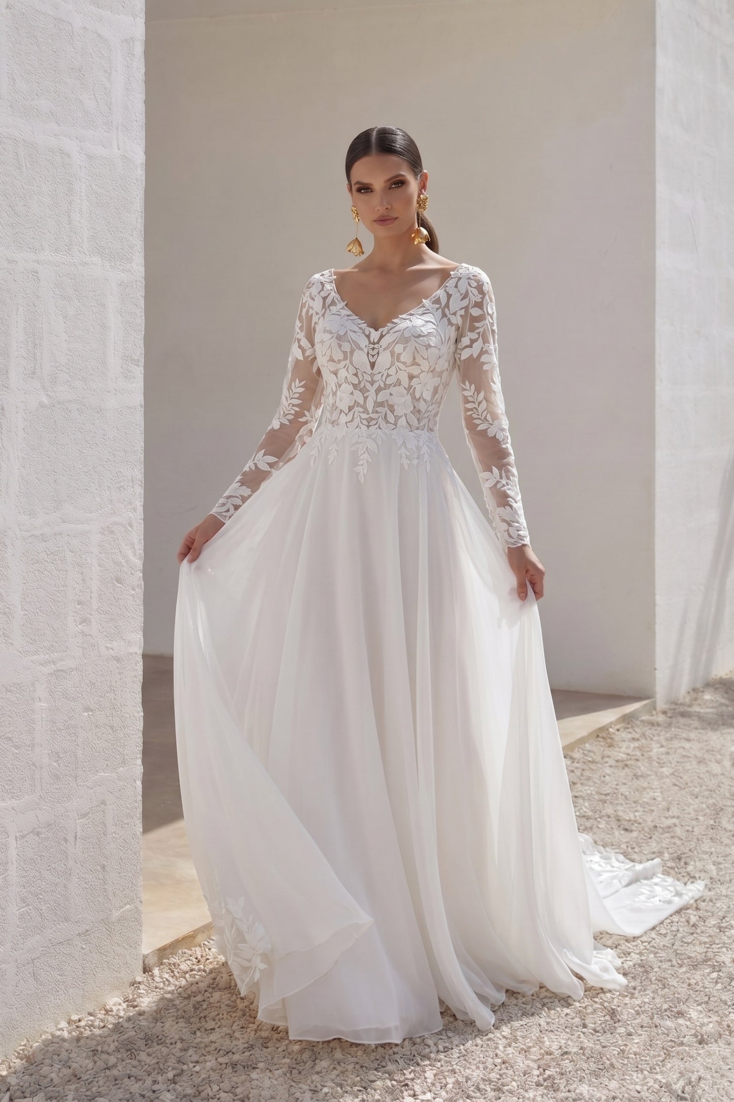 A-Line Court Train Lace Chiffon Wedding Dress CW3163CR