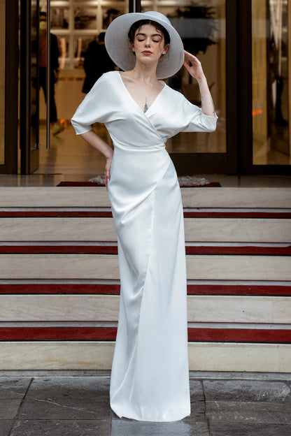 Sheath-Column Floor Length Silk Blend Wedding Dress CW3178