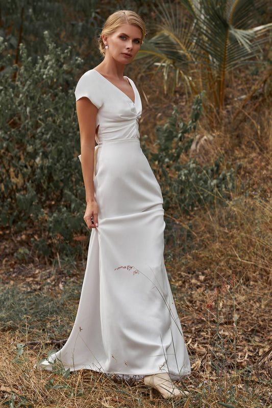 Sheath-Column Sweep-Brush Train Silk Blend Wedding Dress CW3187