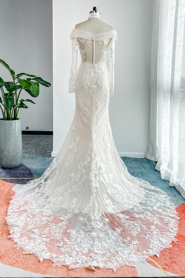 Trumpet-Mermaid Chapel Train Lace Tulle Wedding Dress CW3204