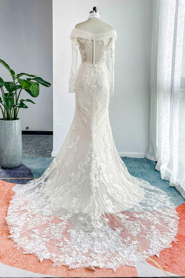 Trumpet-Mermaid Chapel Train Lace Tulle Wedding Dress CW3204 - COCOMELODY
