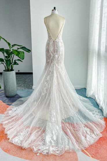 Trumpet-Mermaid Chapel Train Lace Tulle Wedding Dress CW3206 - COCOMELODY