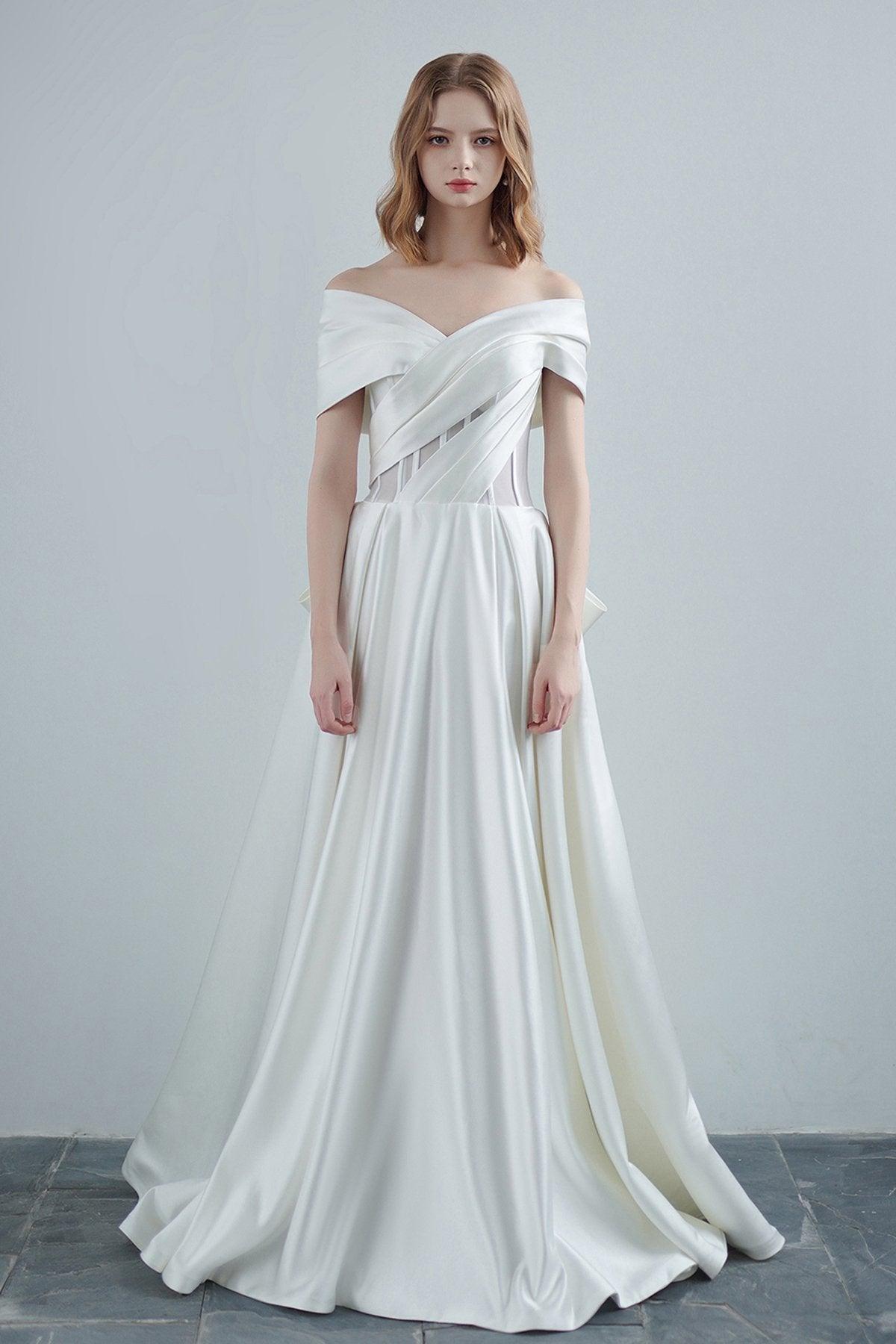 A-Line Sweep-Brush Train Satin Wedding Dress CW3208 - COCOMELODY