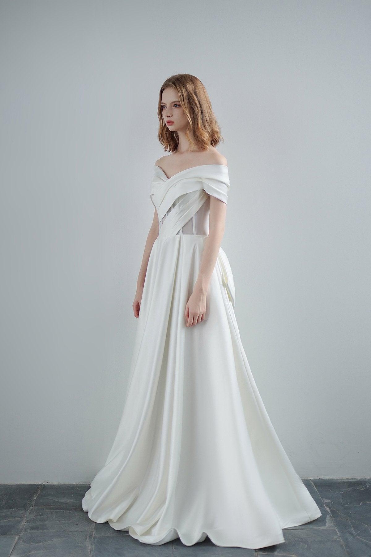 A-Line Sweep-Brush Train Satin Wedding Dress CW3208 - COCOMELODY