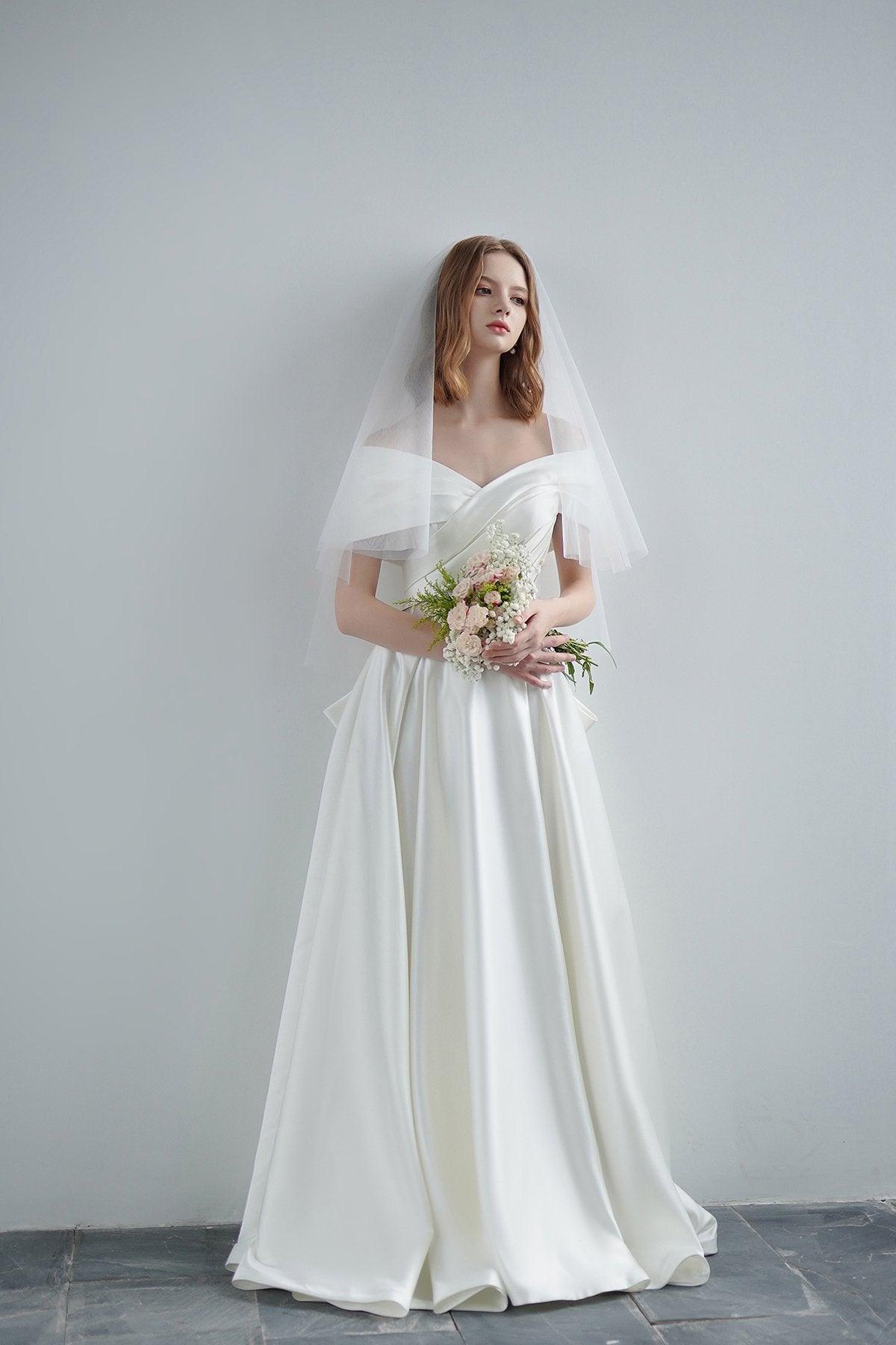 A-Line Sweep-Brush Train Satin Wedding Dress CW3208 - COCOMELODY