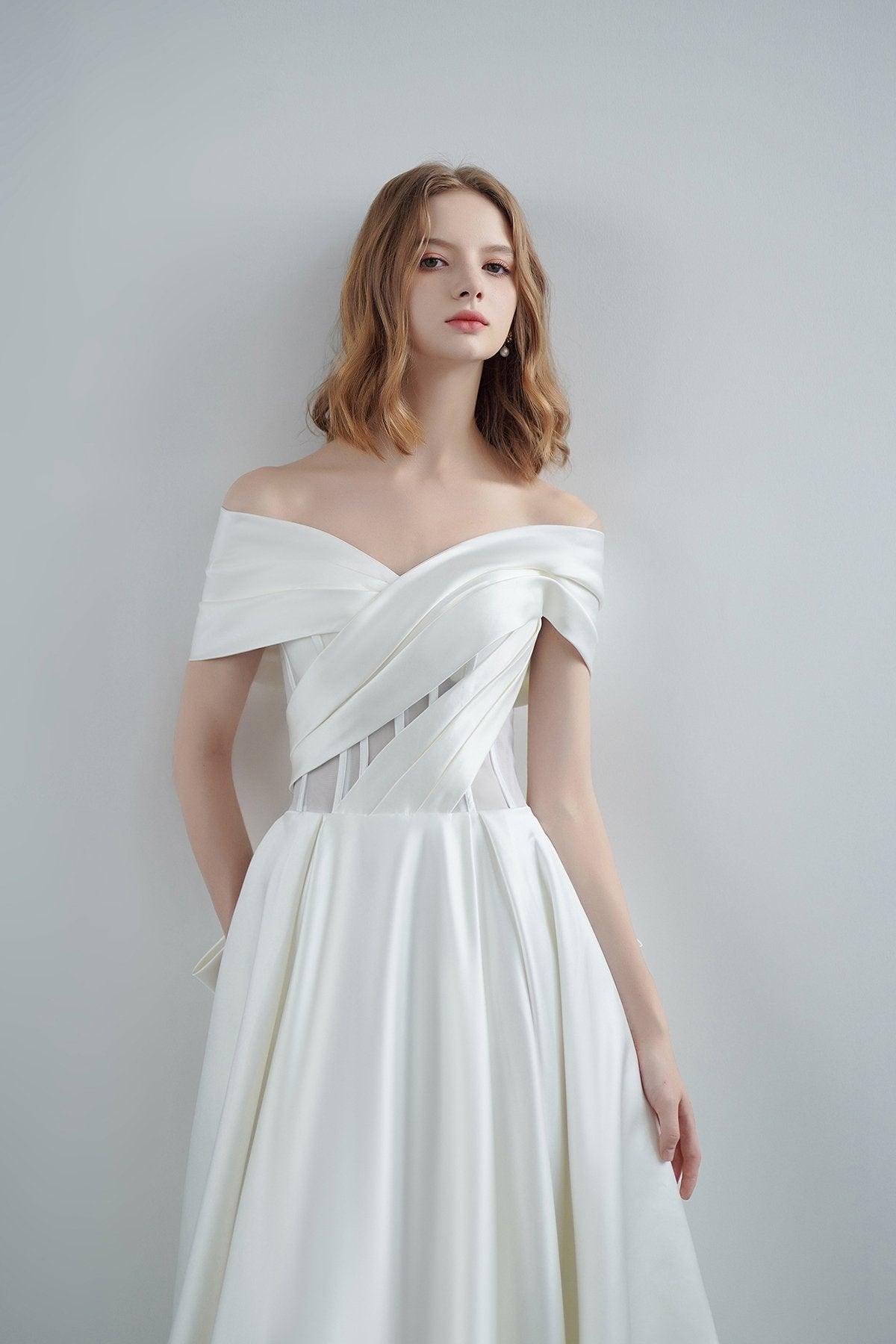 A-Line Sweep-Brush Train Satin Wedding Dress CW3208 - COCOMELODY
