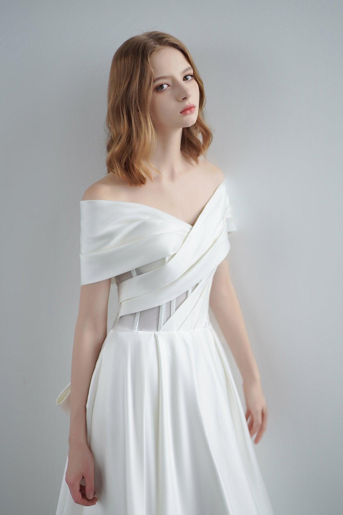 A-Line Sweep-Brush Train Satin Wedding Dress CW3208 - COCOMELODY