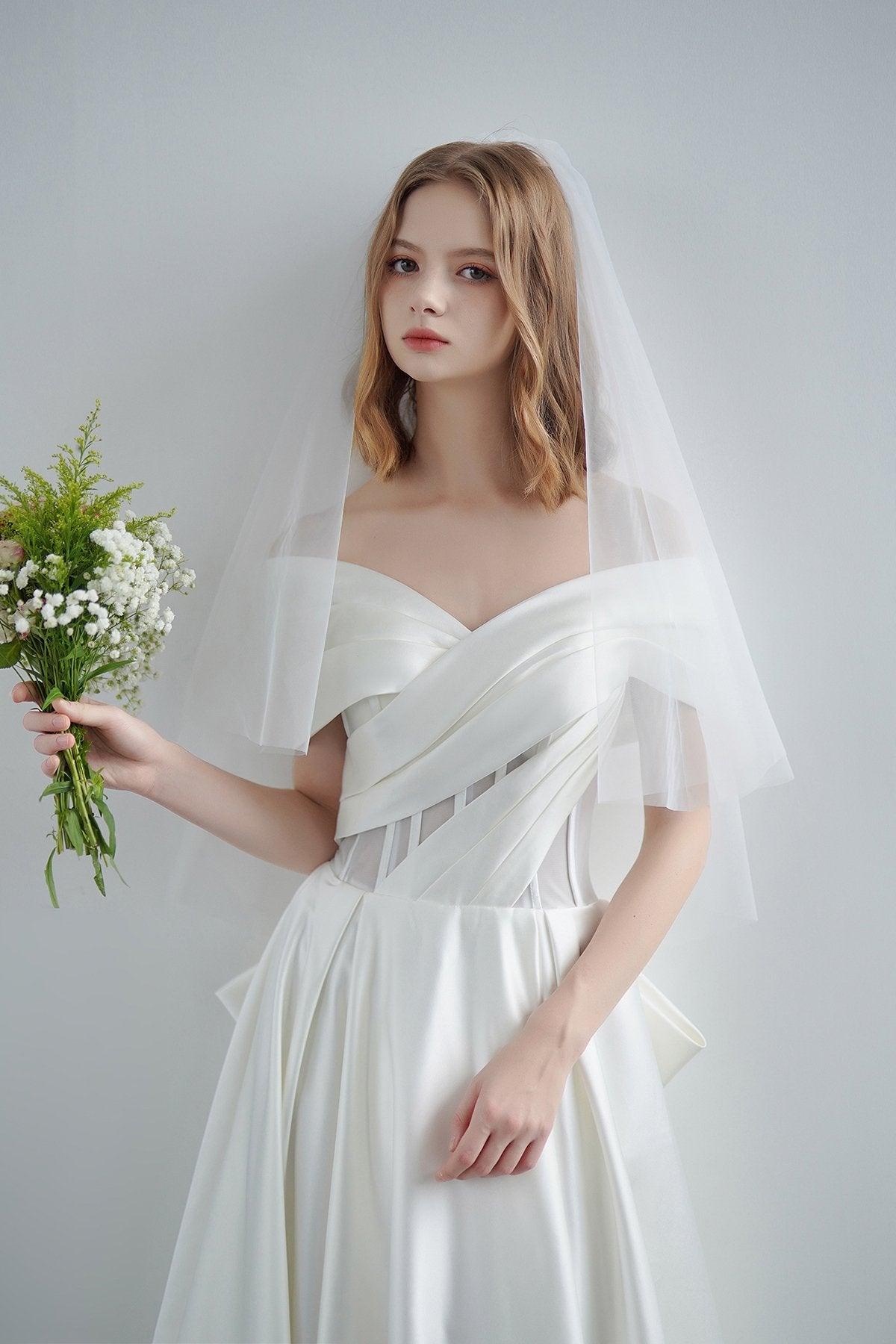 A-Line Sweep-Brush Train Satin Wedding Dress CW3208 - COCOMELODY