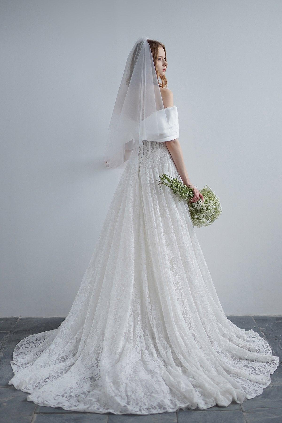 A-Line Sweep-Brush Train Satin Lace Wedding Dress CW3210 - COCOMELODY