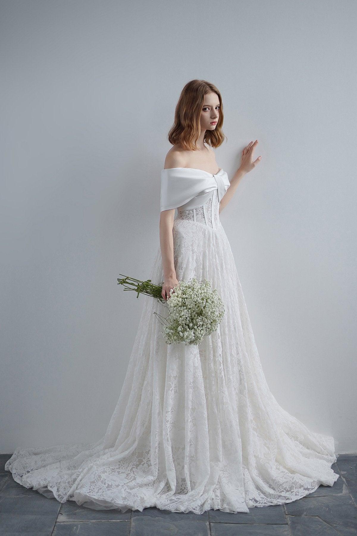 A-Line Sweep-Brush Train Satin Lace Wedding Dress CW3210 - COCOMELODY