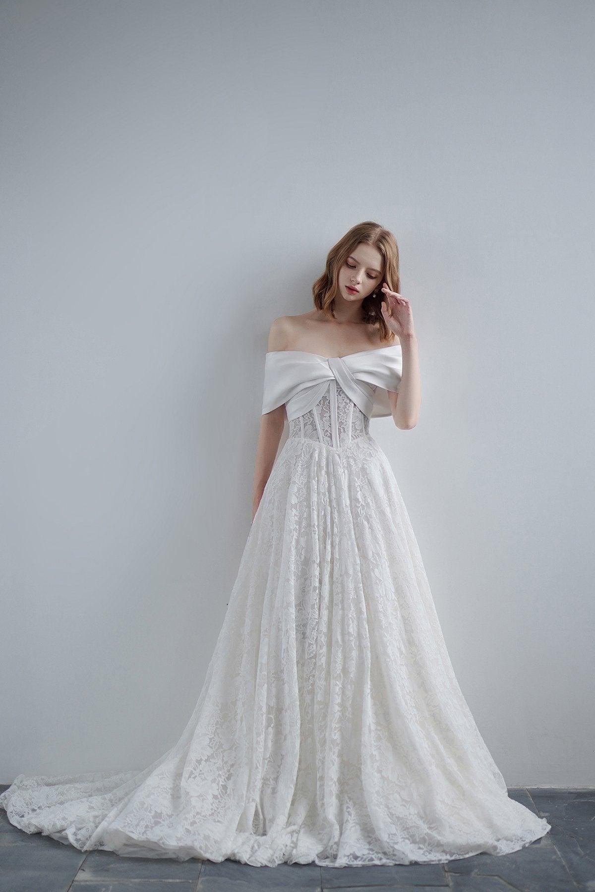 A-Line Sweep-Brush Train Satin Lace Wedding Dress CW3210 - COCOMELODY