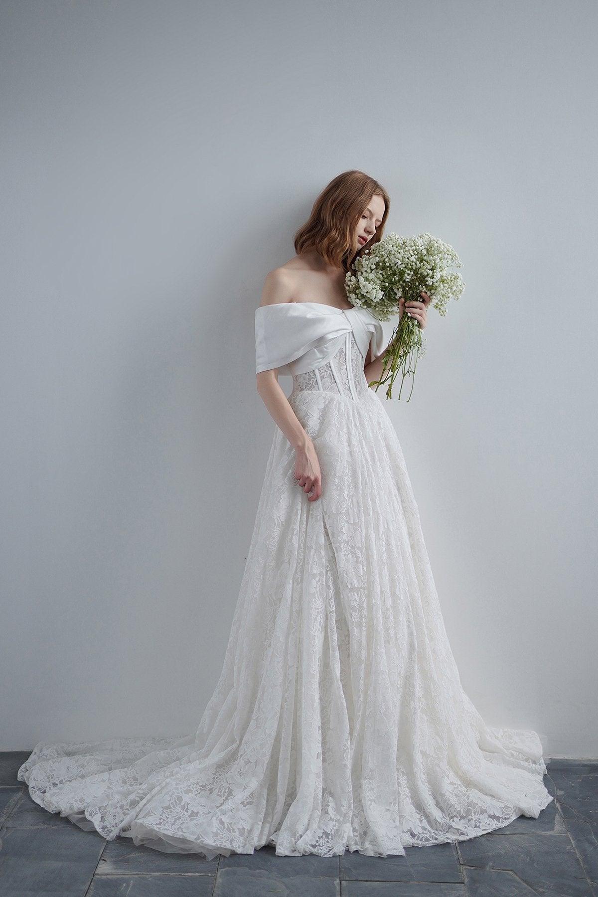 A-Line Sweep-Brush Train Satin Lace Wedding Dress CW3210 - COCOMELODY