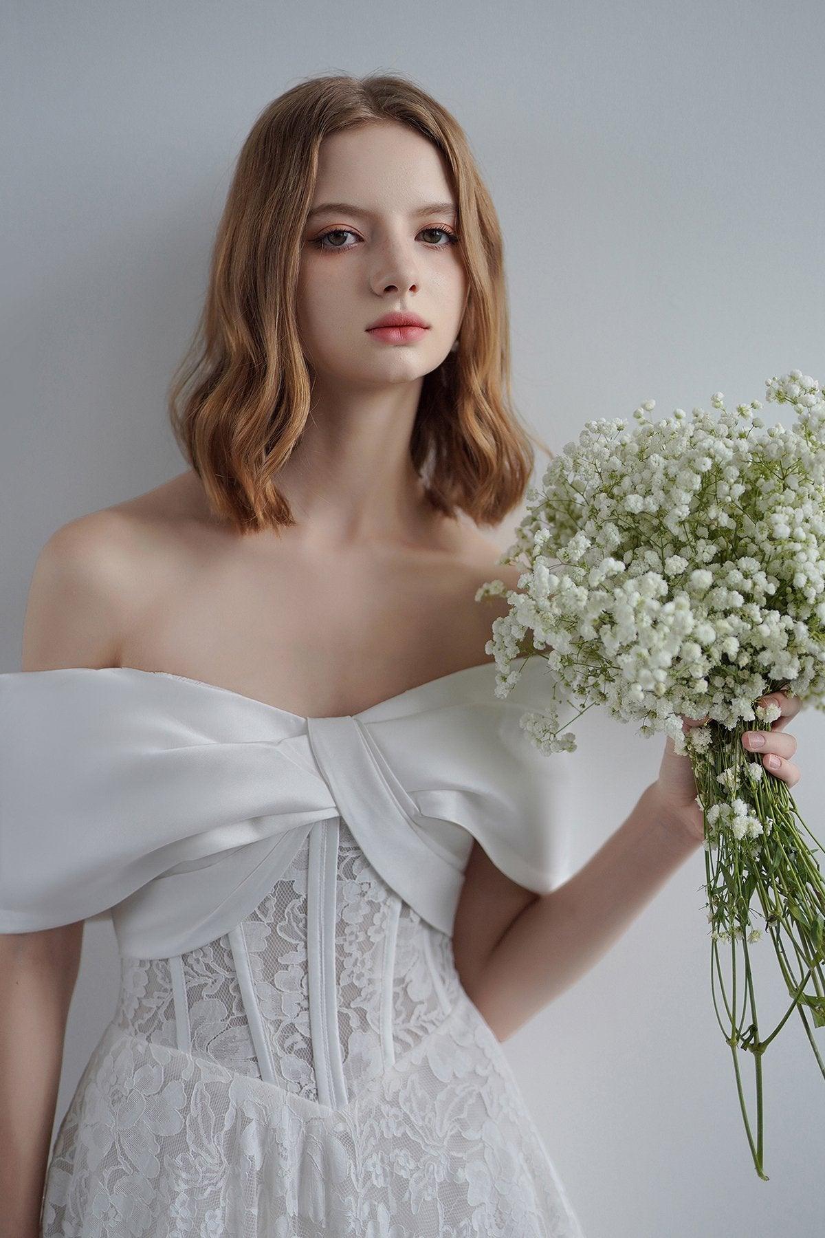 A-Line Sweep-Brush Train Satin Lace Wedding Dress CW3210 - COCOMELODY
