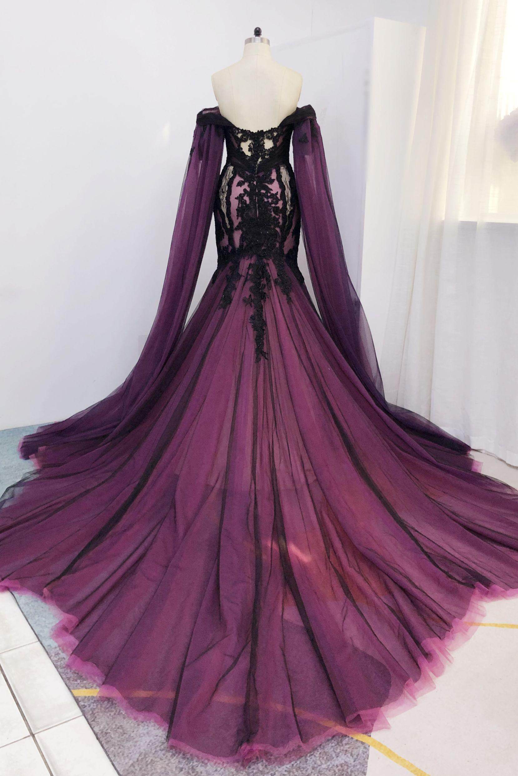purple long train wedding dress 2026 Wedding Dress White High Neck A-line Lace Chapel Train