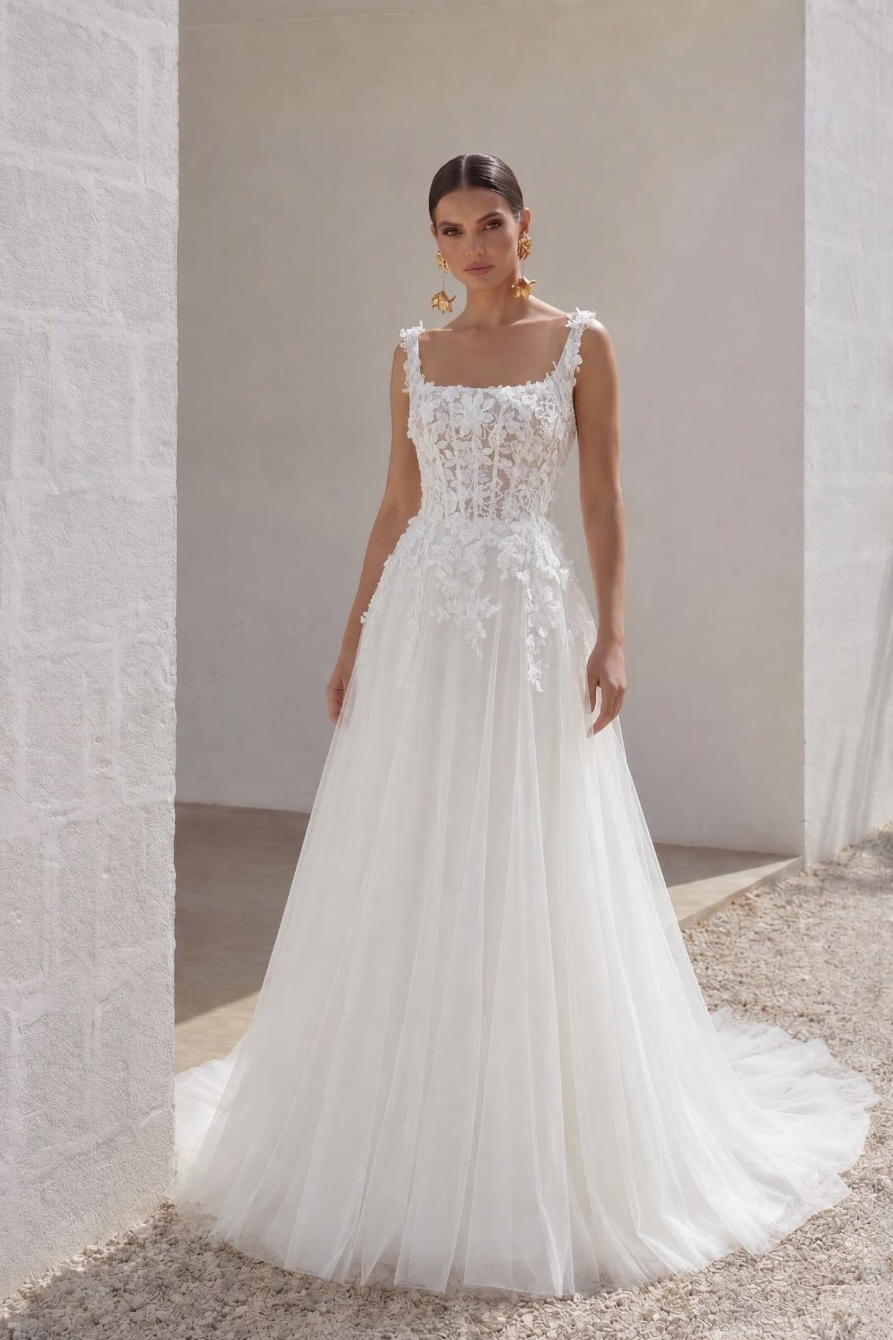 A-Line Court Train Lace Tulle Wedding Dress CW3227