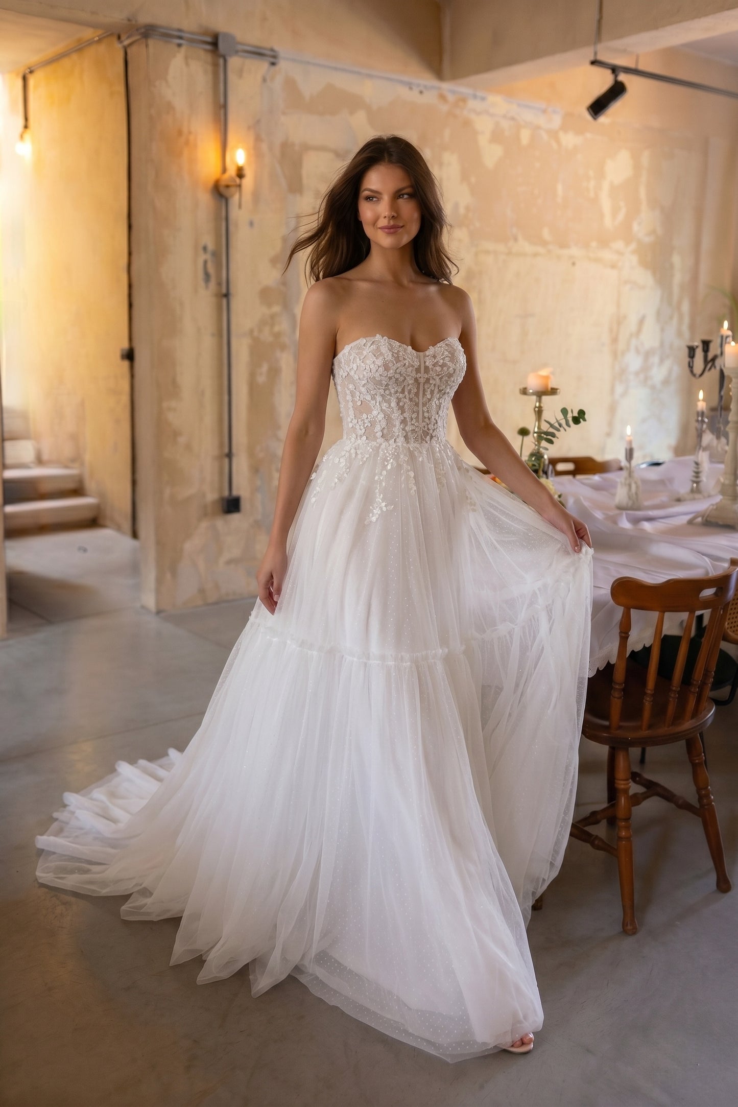 A-Line Court Train Lace Tulle Wedding Dress CW3229