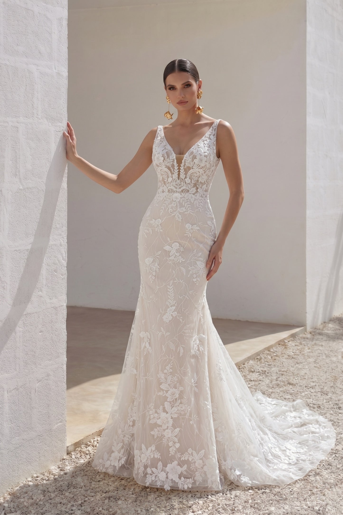Trumpet-Mermaid Chapel Train Lace Tulle Wedding Dress CW3230