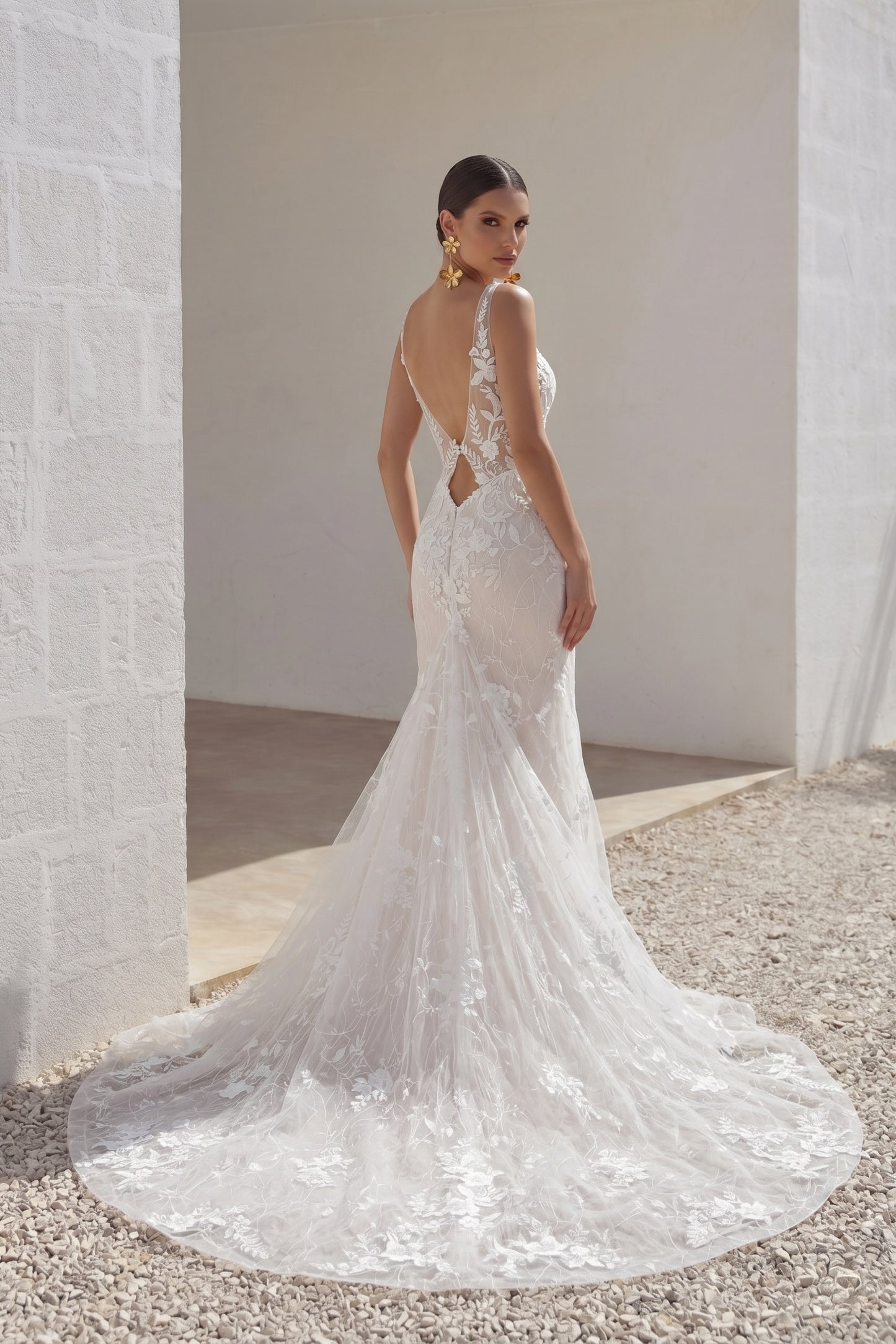 Trumpet-Mermaid Chapel Train Lace Tulle Wedding Dress CW3230
