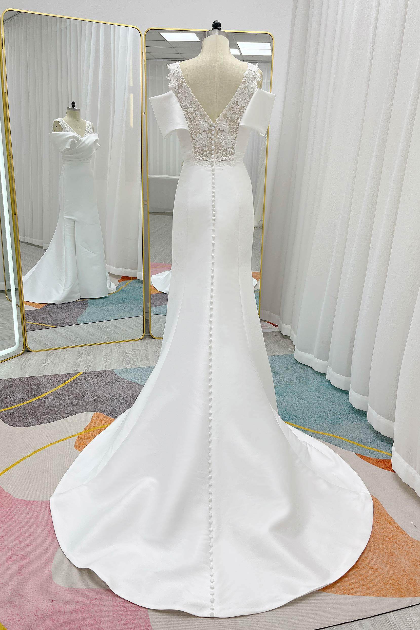 short sleeve crepe wedding dress Stretch Crepe 2026 Wedding Dress Long Ivory Short Sleeves V-neck