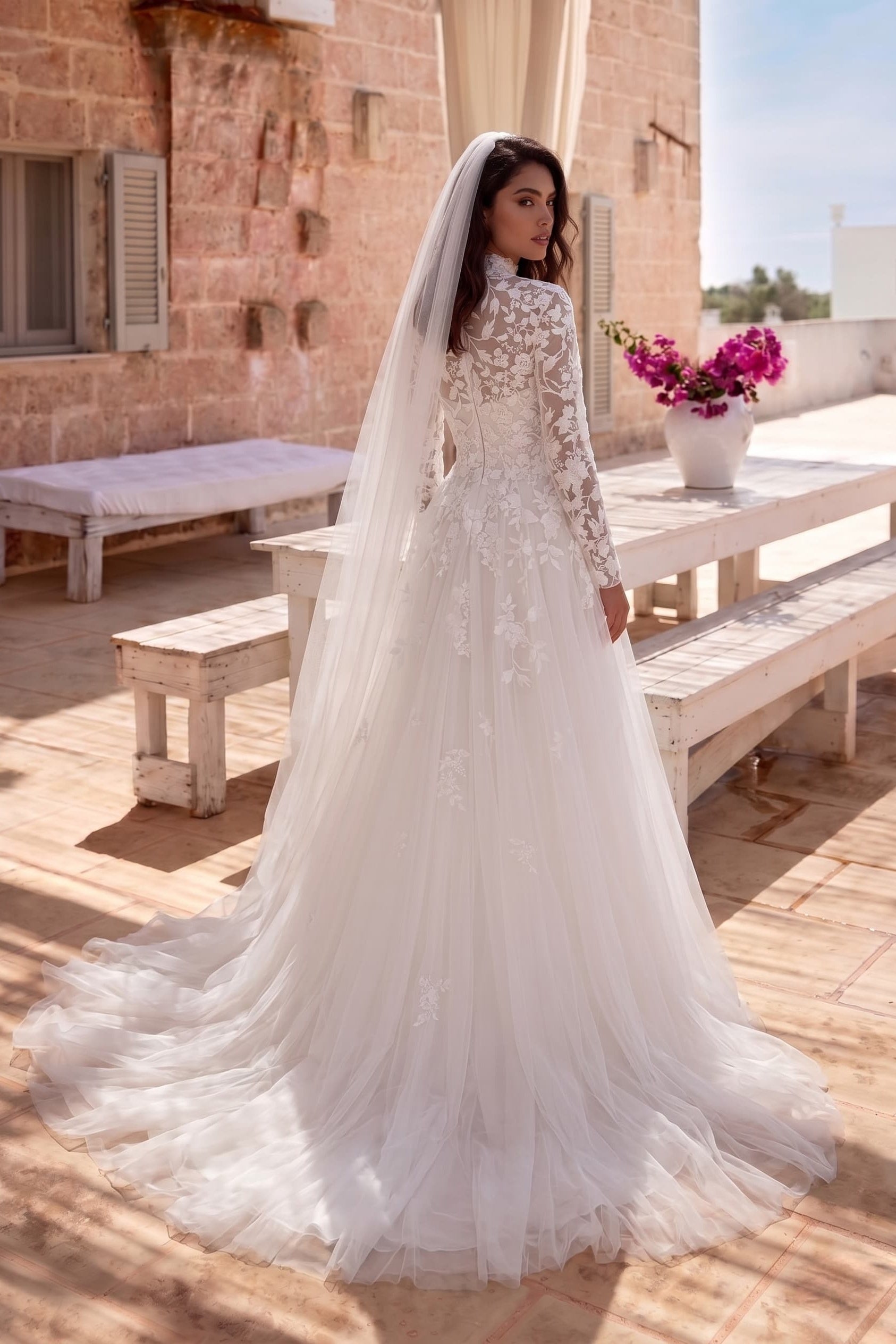 3D Floral Lace Tulle A-Line Wedding Dress with High Neck Long