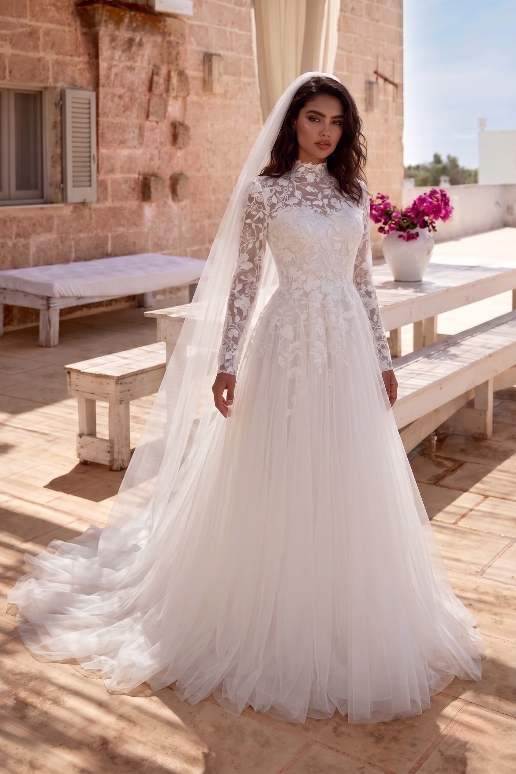 3D Floral Lace Tulle A-Line Wedding Dress Long Sleeve Tulle Bridal Gown with Train COCOMELODY CW3234, 35 Days / Black / US18-UK20-EUR48
